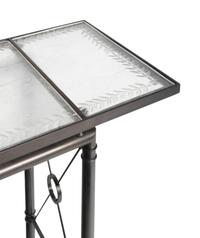 A Pair of Etched Glass-Top Patinated Metal Console Tables