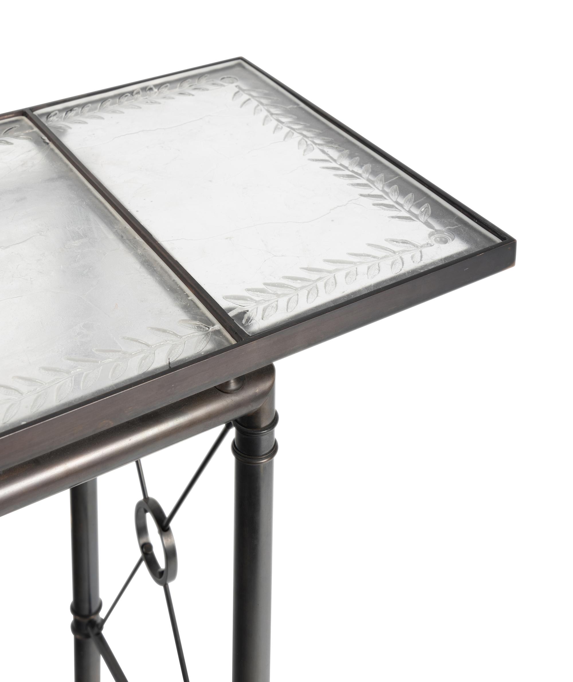 A Pair of Etched Glass-Top Patinated Metal Console Tables
