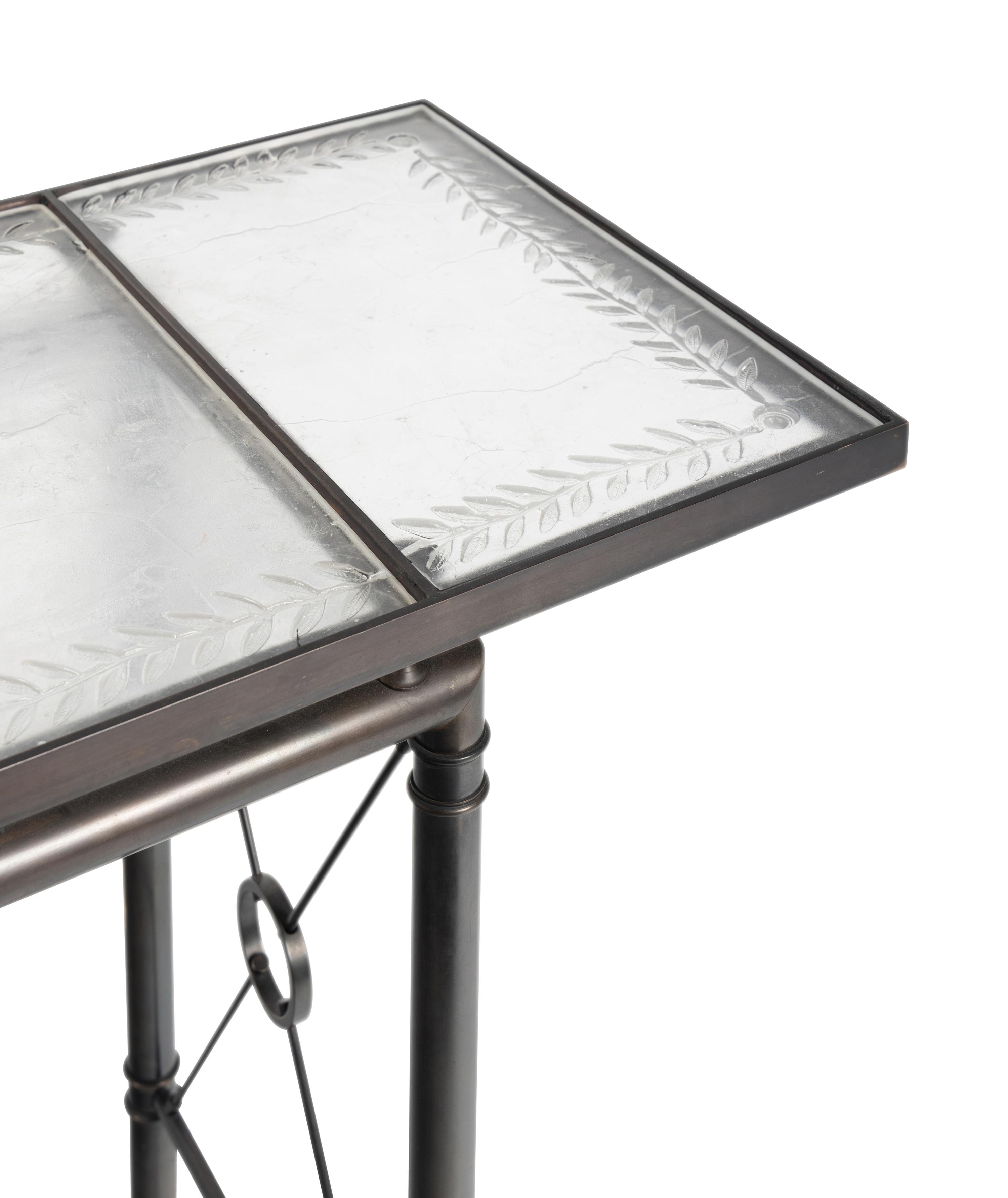 A Pair of Etched Glass-Top Patinated Metal Console Tables