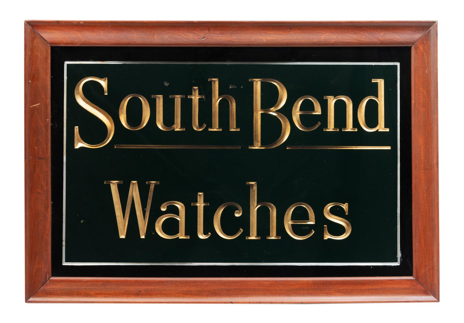 A Reverse Paint and Parcel Gilt South Bend Watches Advertising Sign