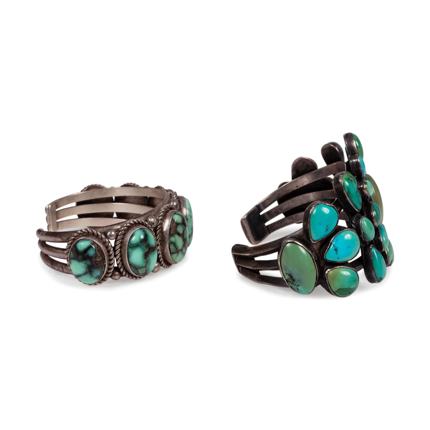 Pair of Navajo Silver and Turquoise Cuff Bracelets