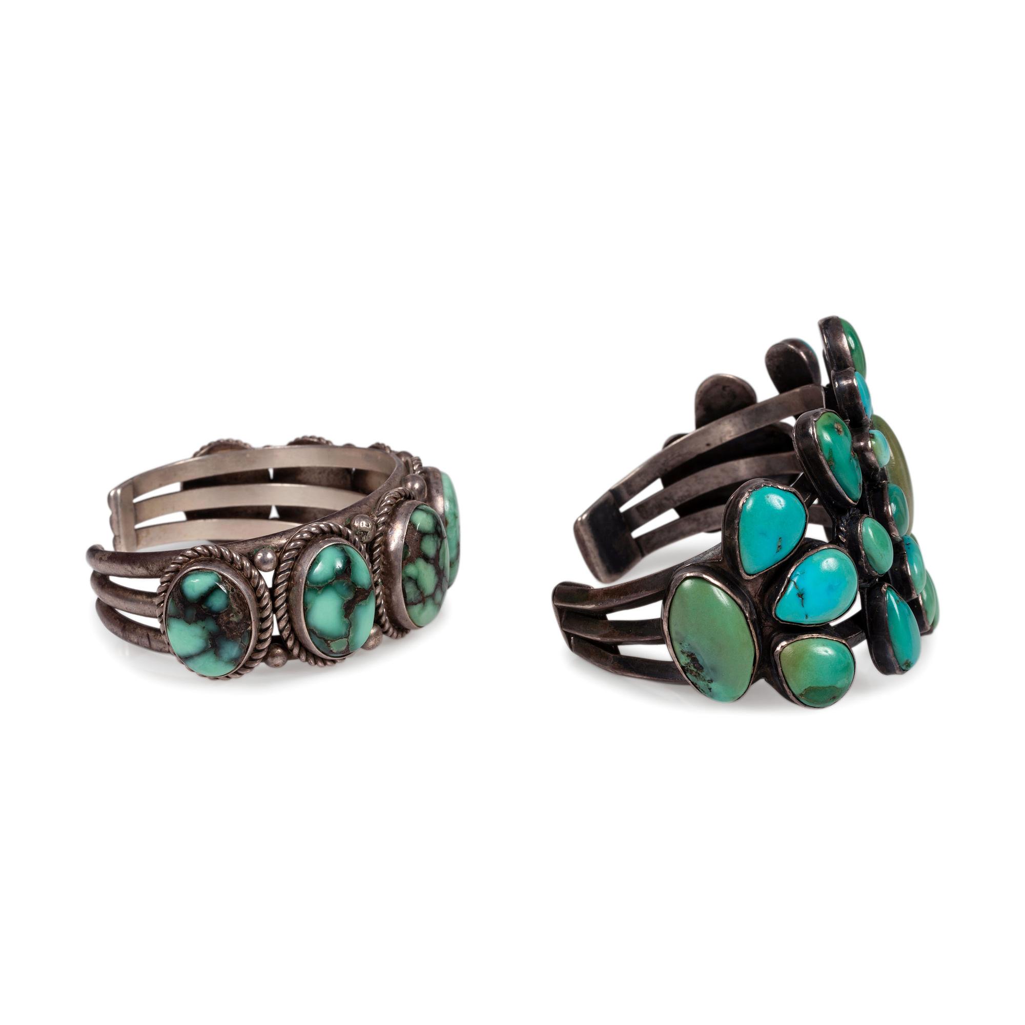 Pair of Navajo Silver and Turquoise Cuff Bracelets
