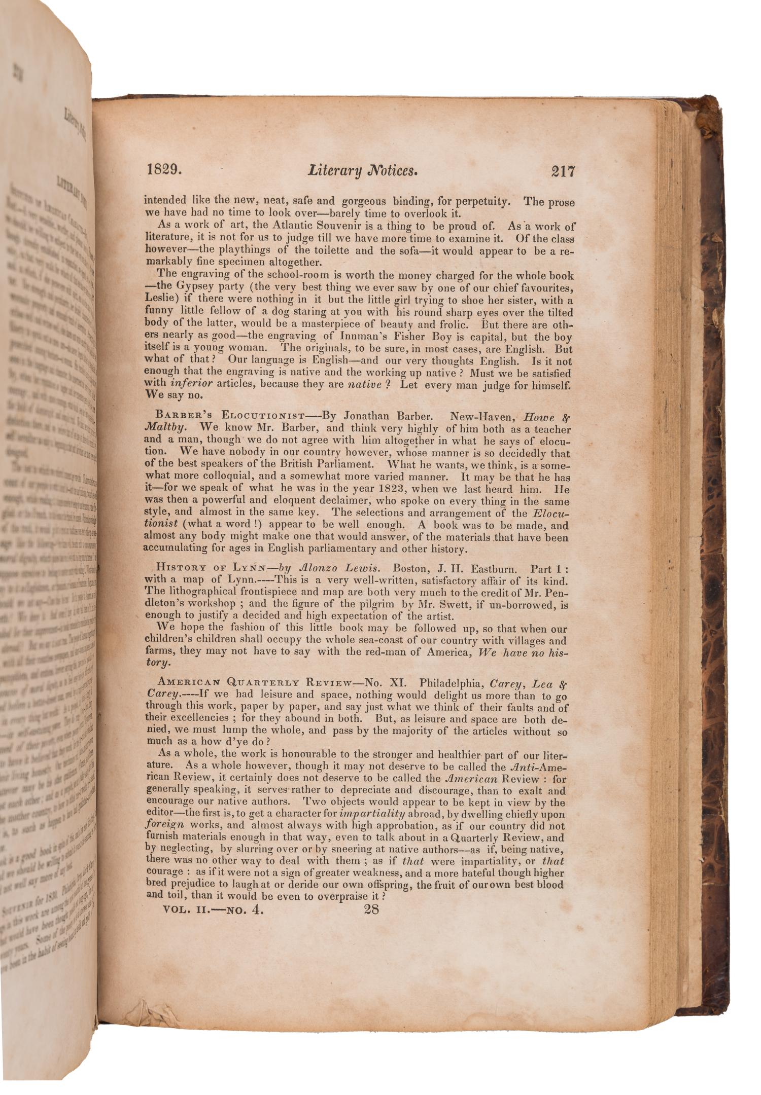 [POE, Edgar Allan (1809-1849)]. [Review of "Fairyland"] pp. 168. -- [Review of "Al Aaraaf" and "Tamerlane"] pp. 295-298. In: The Yankee; and Boston Literary Gazette. No. 79. New Series. John NEAL, editor. N.p.: N.p., July 1829 - November 1829.