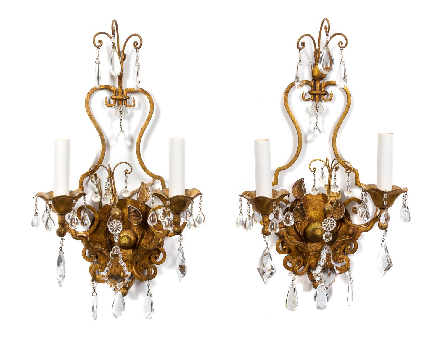 A Pair of Gilt Metal Two-Light Wall Sconces Height 15 3/4 inches. — 20TH CENTURY