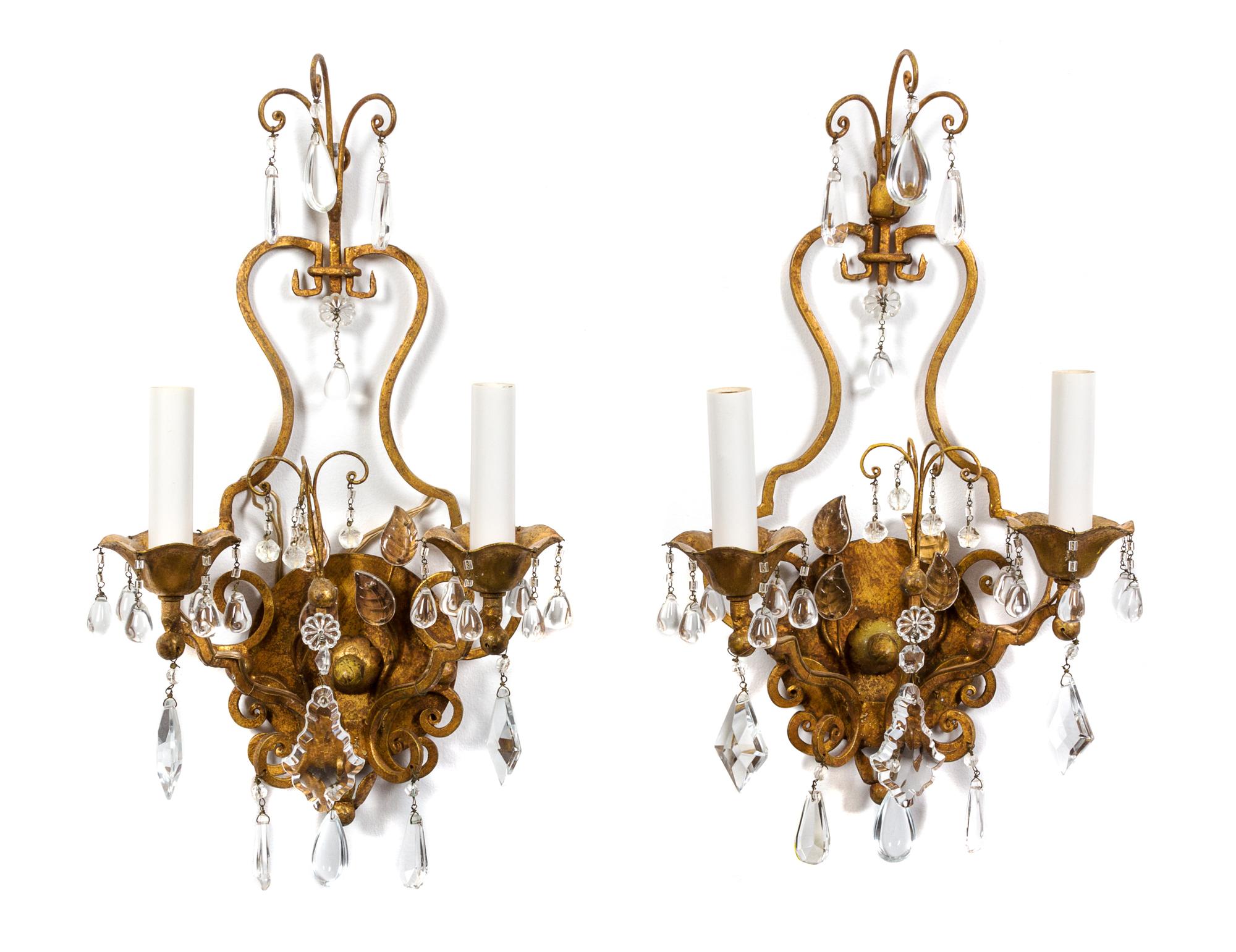 A Pair of Gilt Metal Two-Light Wall Sconces Height 15 3/4 inches. — 20TH CENTURY