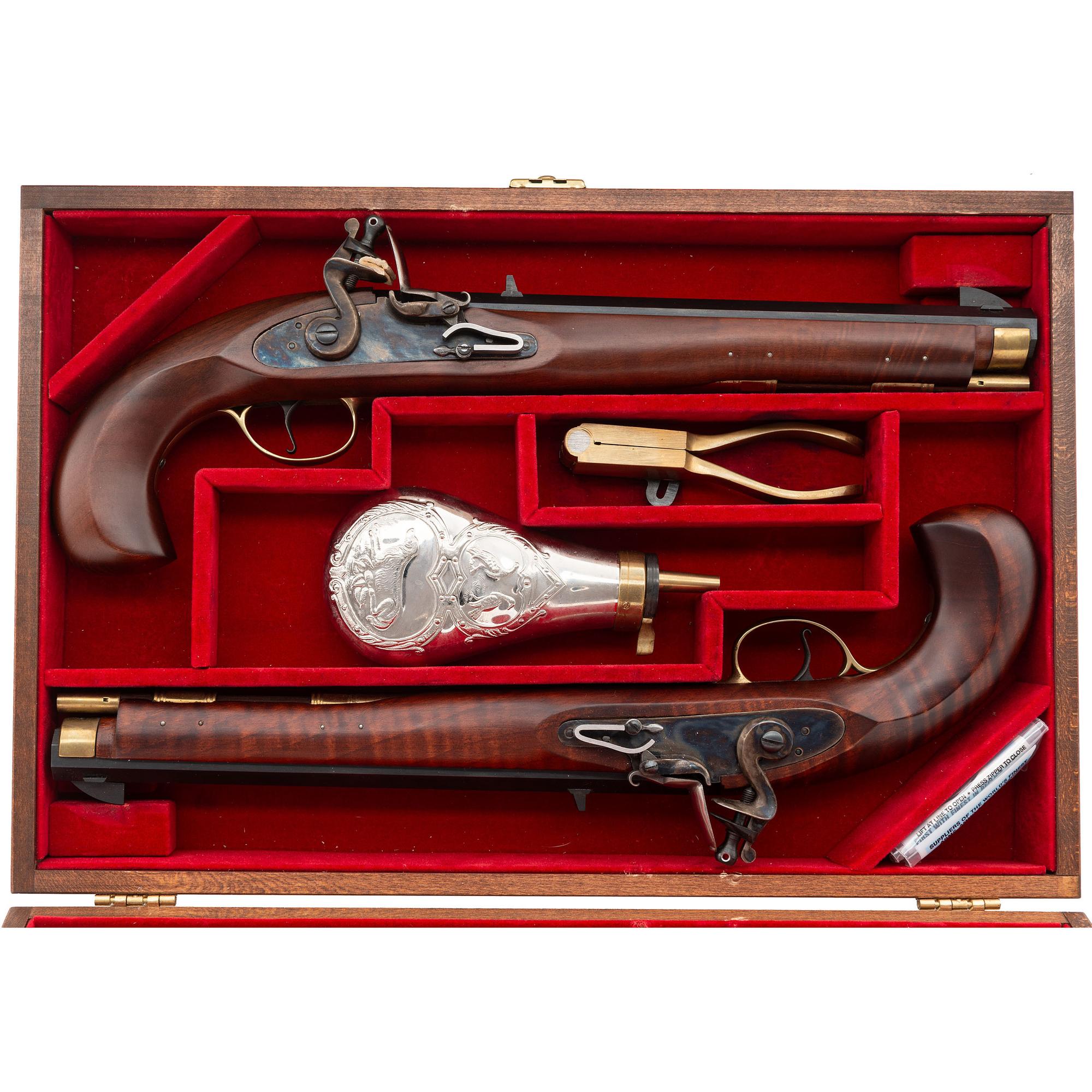 Cased Pair of Pedersoli Flintlock Kentucky Pistols with Accoutrements