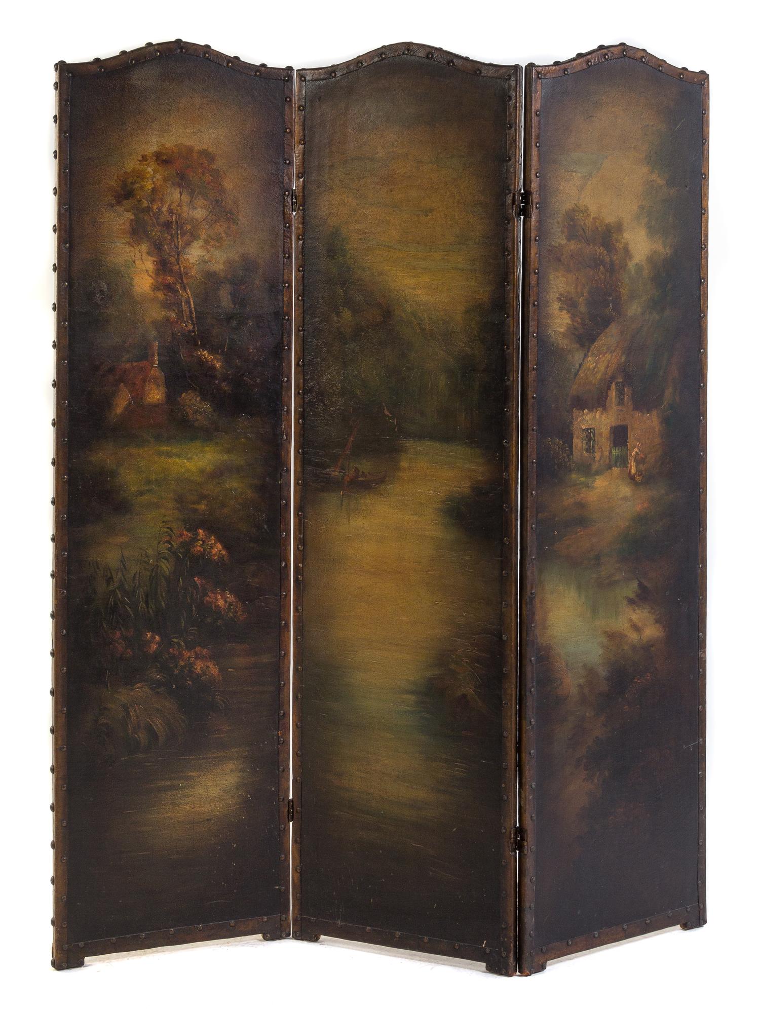 A Continental Painted Three-Panel Floor Screen Height of each panel 68 x width 18 inches.