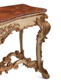 A Pair of Italian Painted and Parcel Gilt Console Tables with Faux Marble Tops
