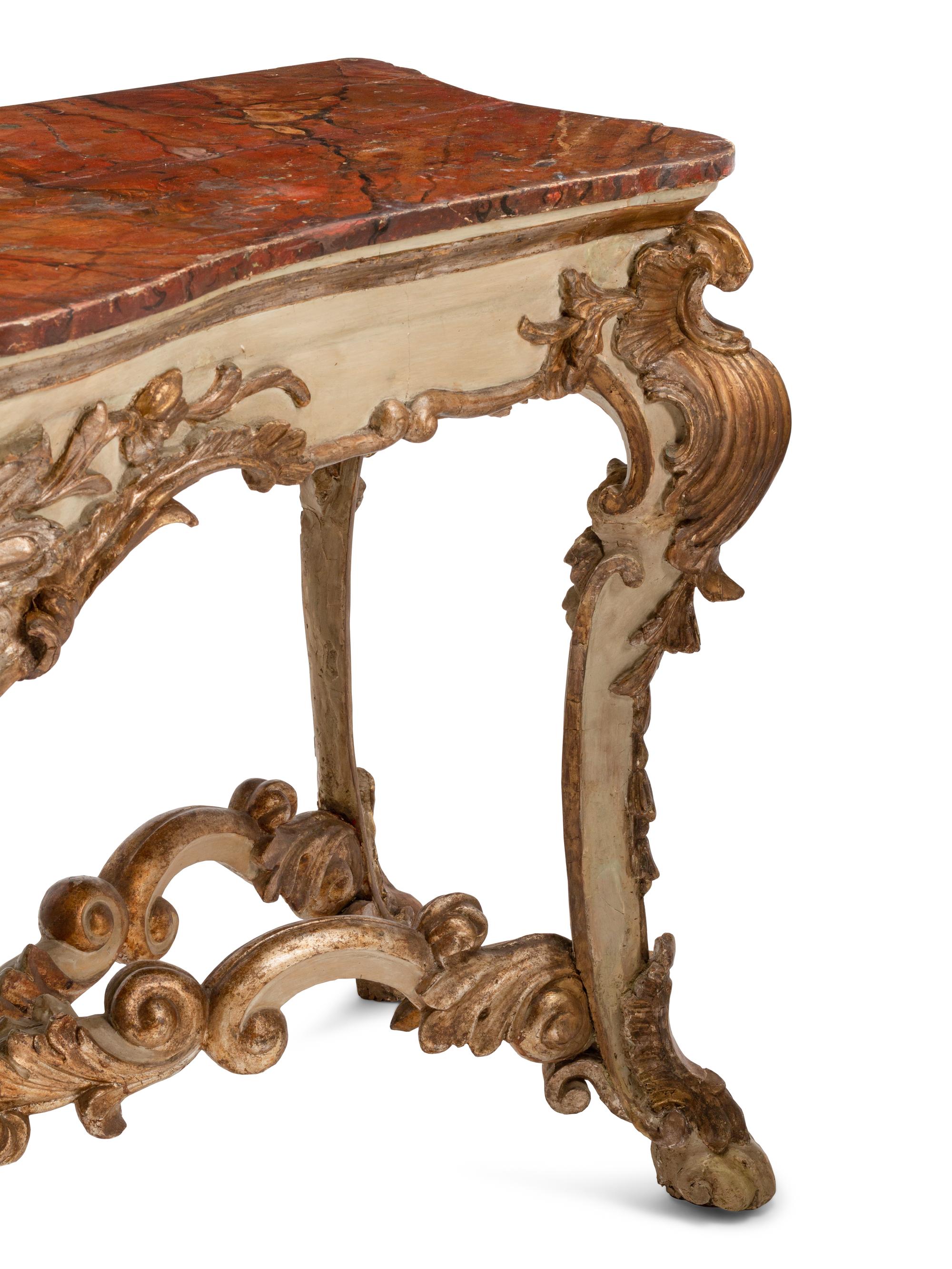 A Pair of Italian Painted and Parcel Gilt Console Tables with Faux Marble Tops