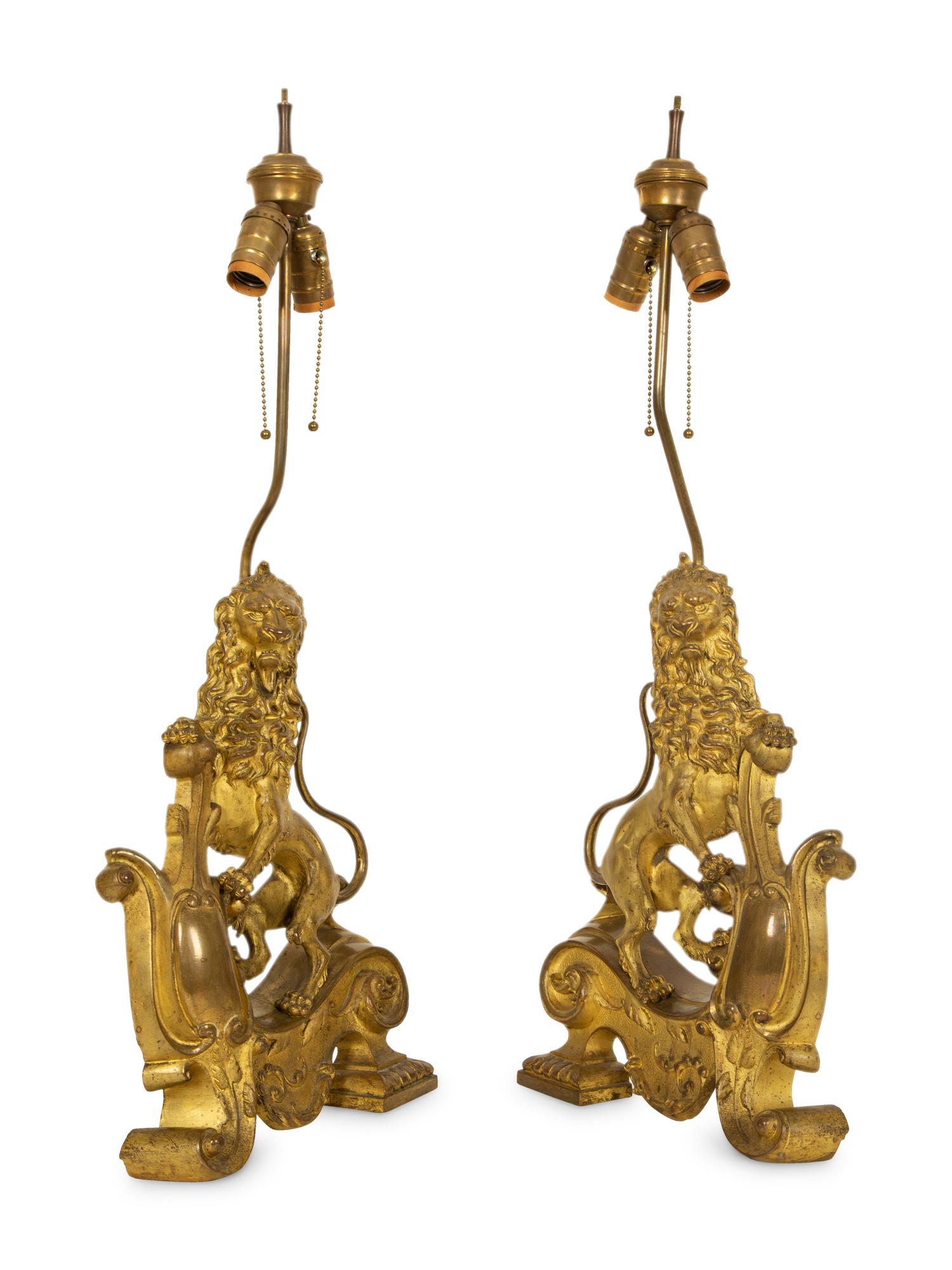 A Pair of English Bronze Andirons Converted to Table Lamps