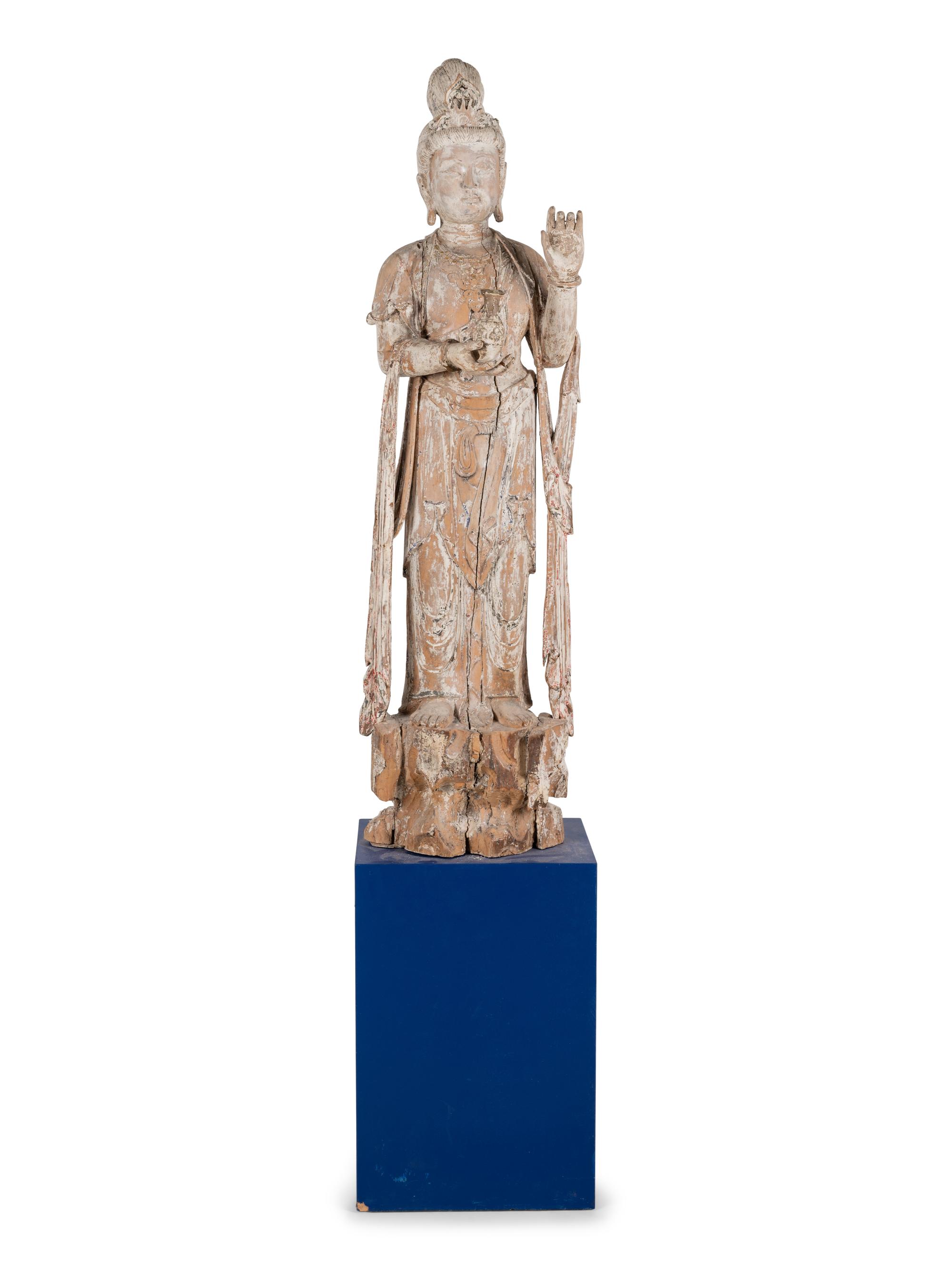 A Chinese Carved Wood Figure of Standing Guanyin