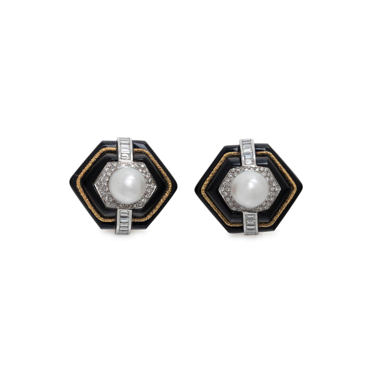 CULTURED PEARL, DIAMOND AND ONYX EARCLIPS
