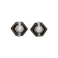 CULTURED PEARL, DIAMOND AND ONYX EARCLIPS
