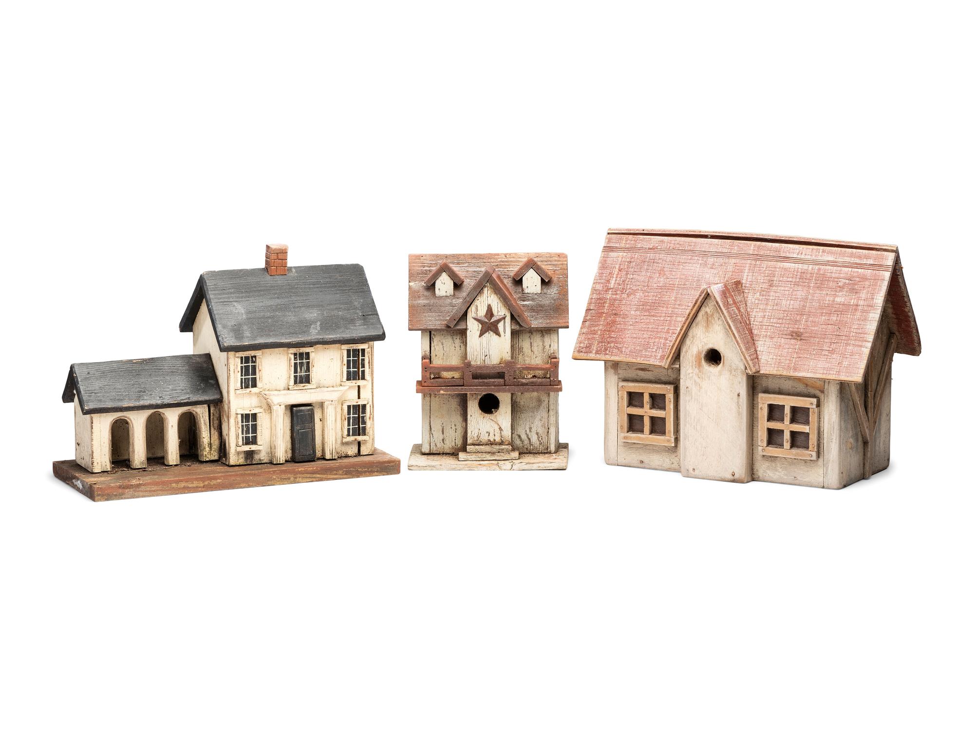 Three Paint Decorated Wood Birdhouses, Including an Artist Signed Example