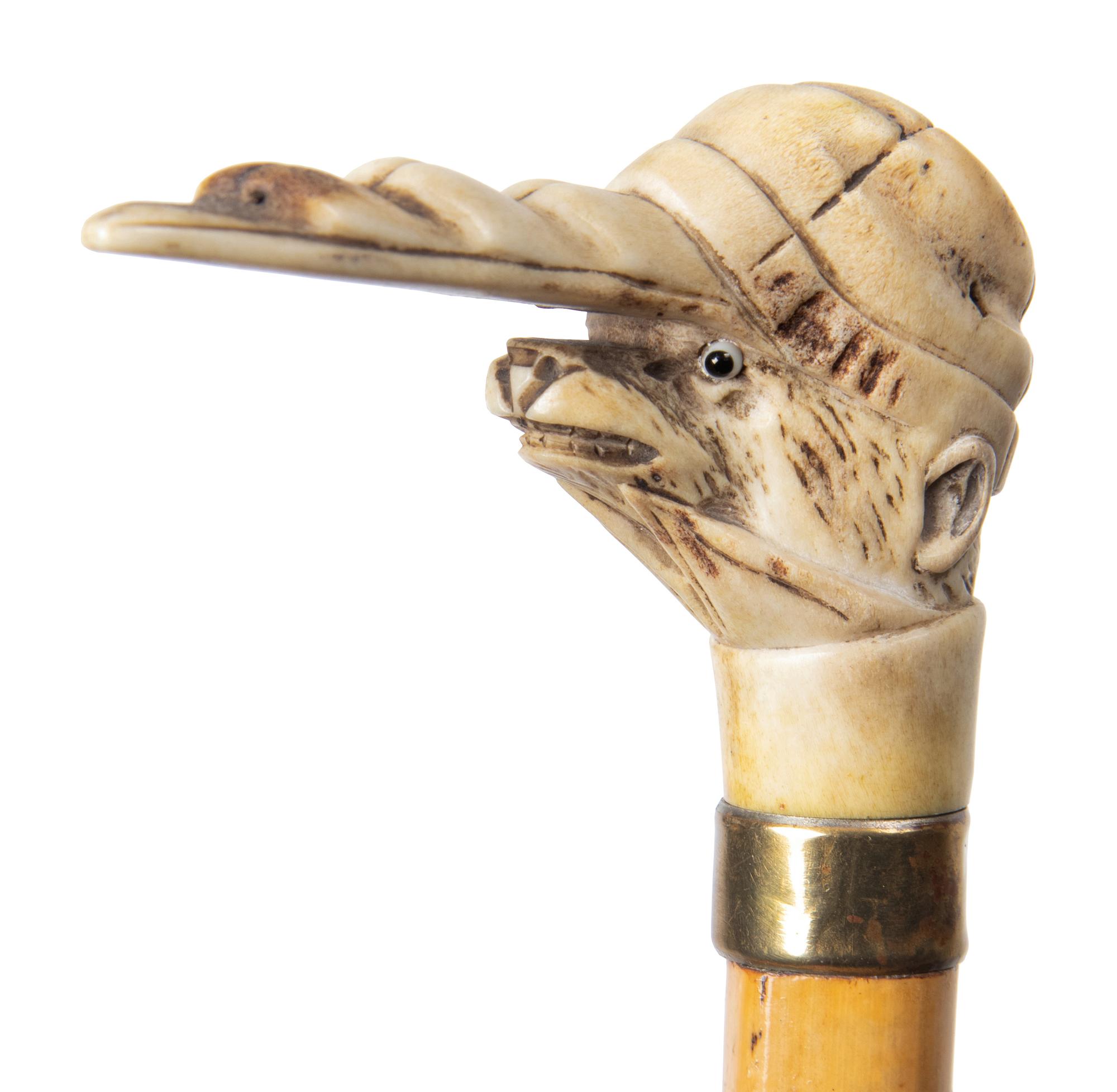 Three Carved Horn or Bone and Brass-Mounted Figural Canes