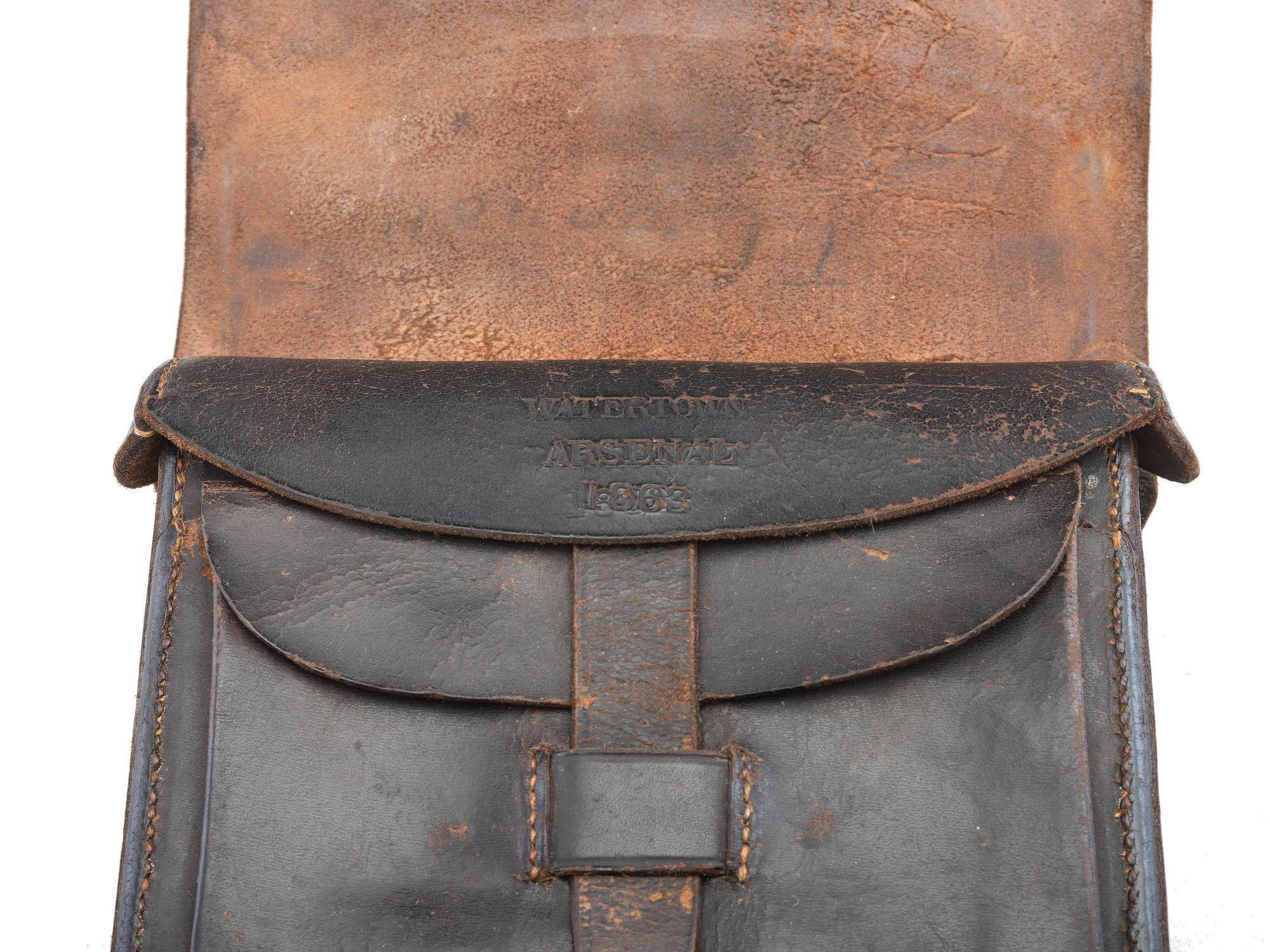 [CIVIL WAR]. Model 1861 cartridge box by Watertown Arsenal with sling and plates.
