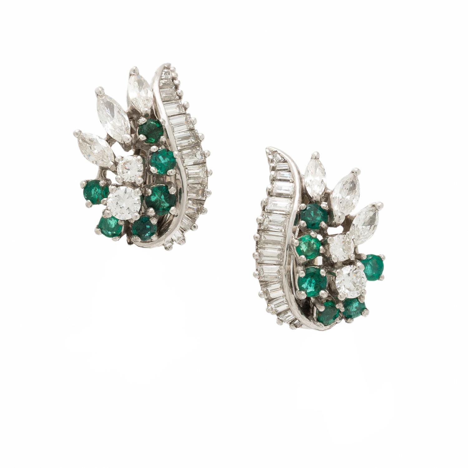Emerald, Diamond, and Platinum Earrings