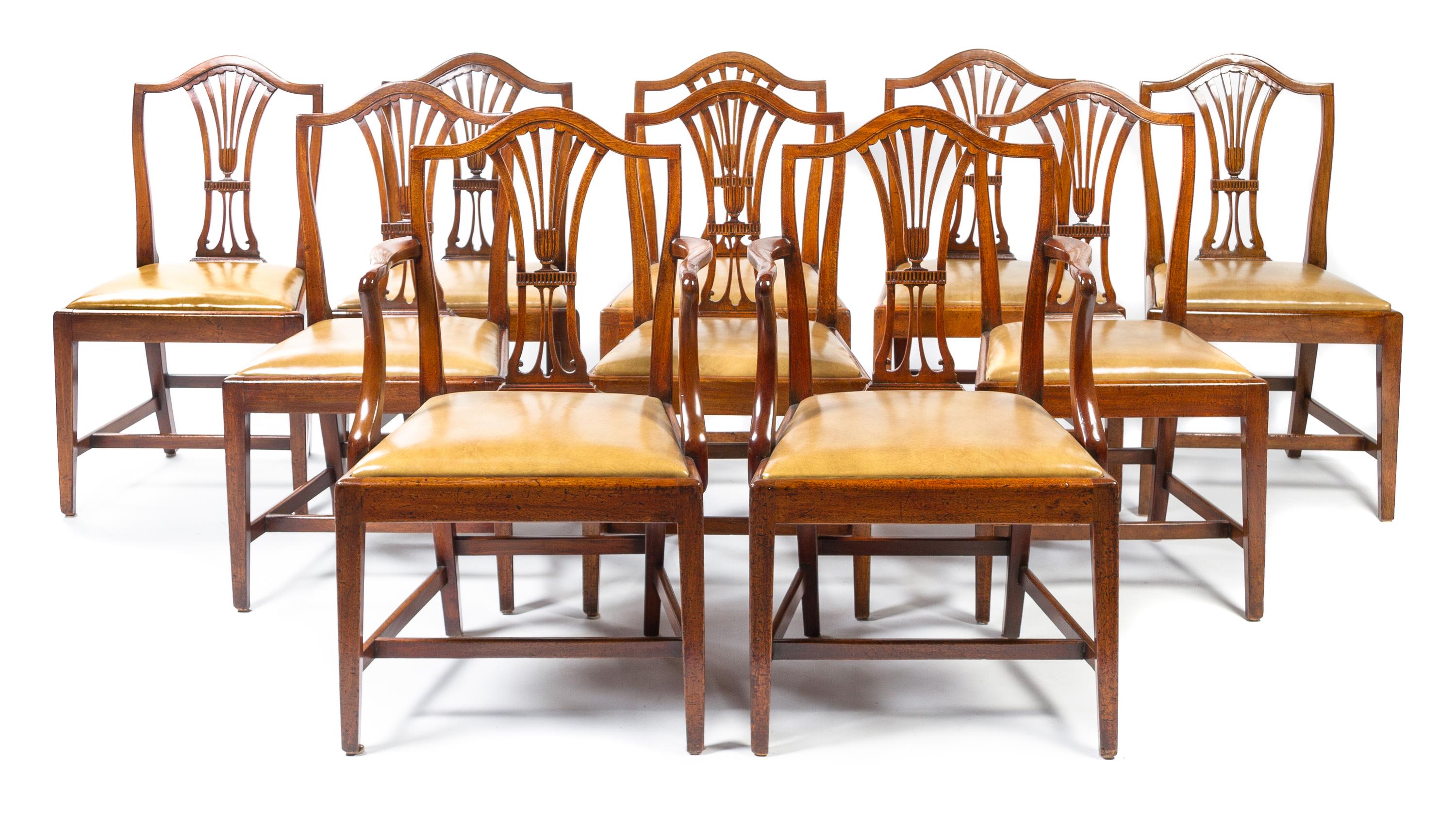 A Set of Ten Hepplewhite Style Mahogany Dining Chairs Height 37 1/2 inches. — 19TH CENTURY