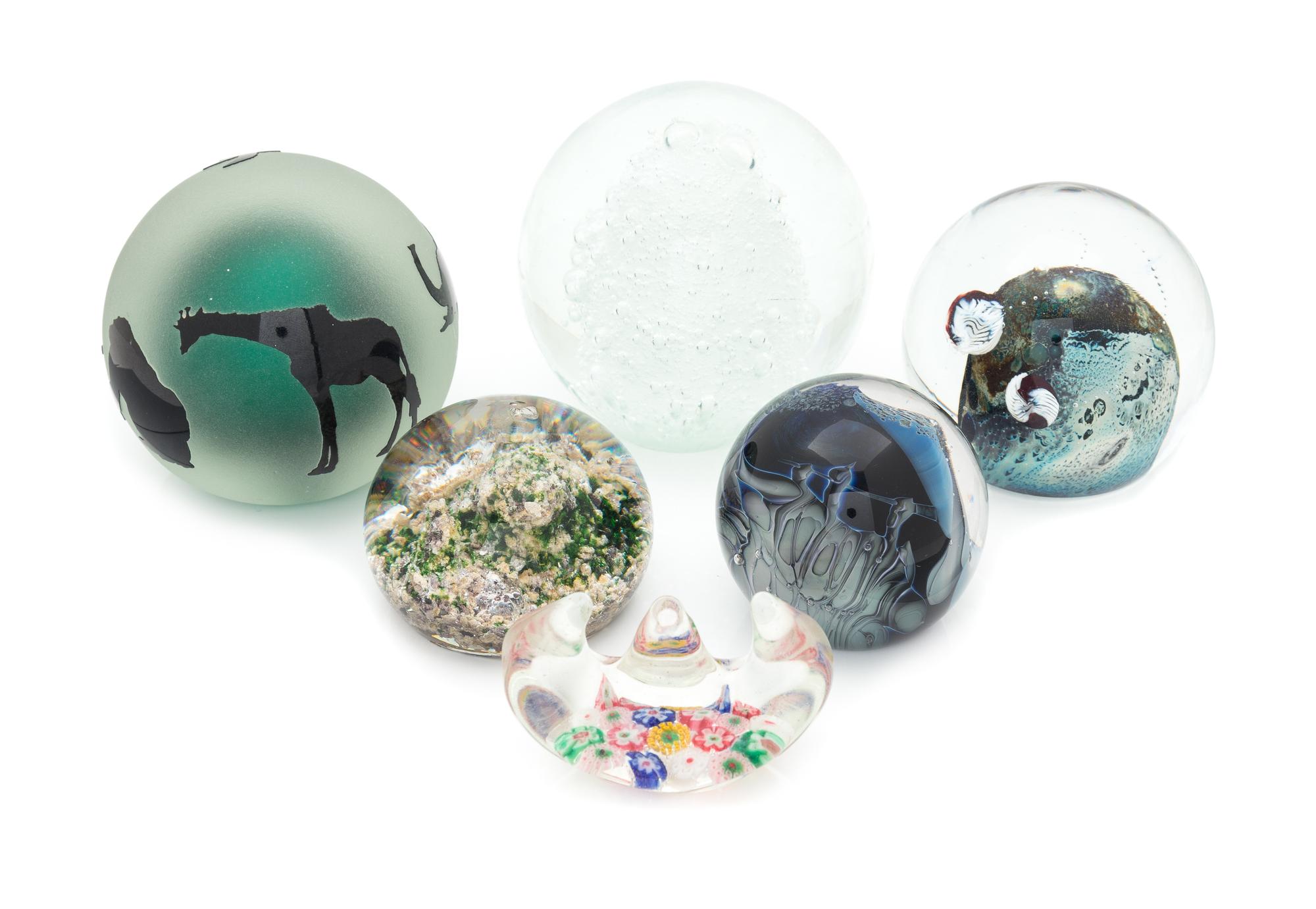 A Group of Six Glass Paperweights Diameter of largest 3 1/2 inches