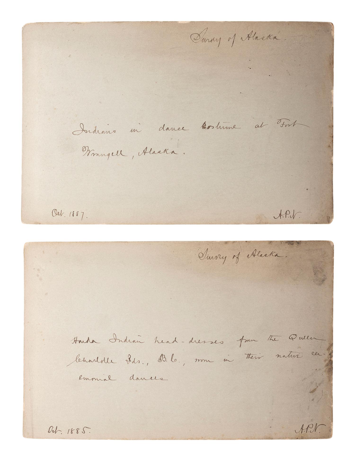 [NATIVE AMERICANS]. A group of 7 boudoir photographs of Fort Wrangell, Alaska, incl. views of natives in dance costume, totem poles, and scenic views. Ca 1885-87.