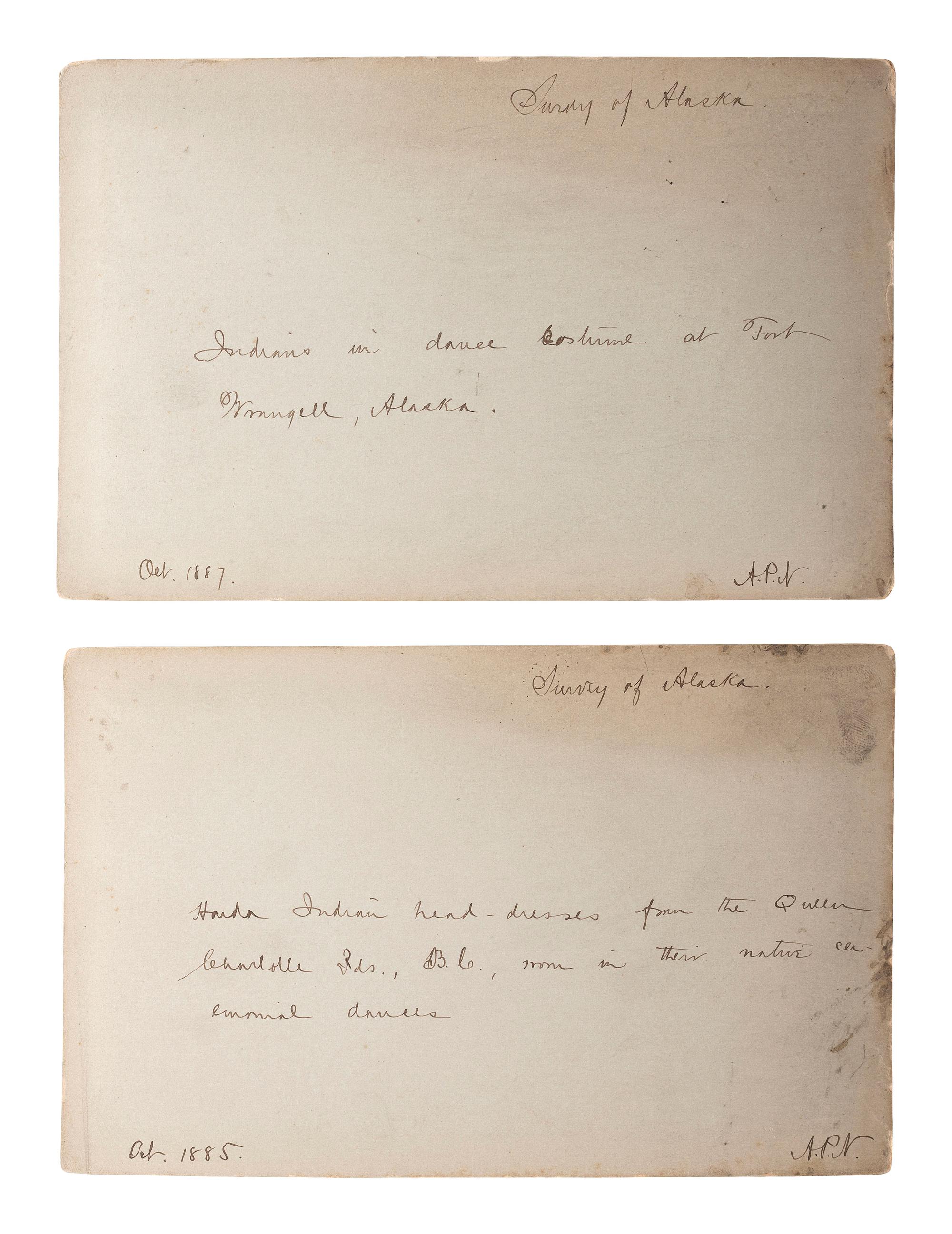[NATIVE AMERICANS]. A group of 7 boudoir photographs of Fort Wrangell, Alaska, incl. views of natives in dance costume, totem poles, and scenic views. Ca 1885-87.
