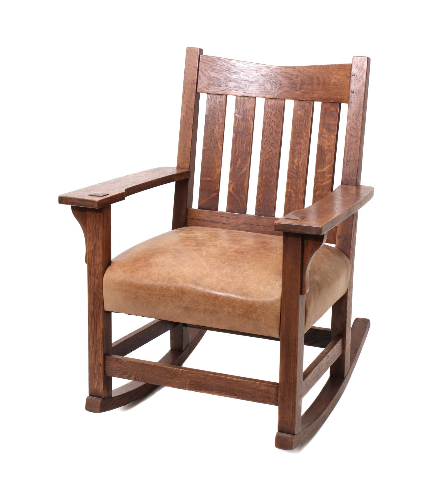 A Gustave Stickley V Back Rocker, Model 311, Height 34 x width 26 x depth 21 inches