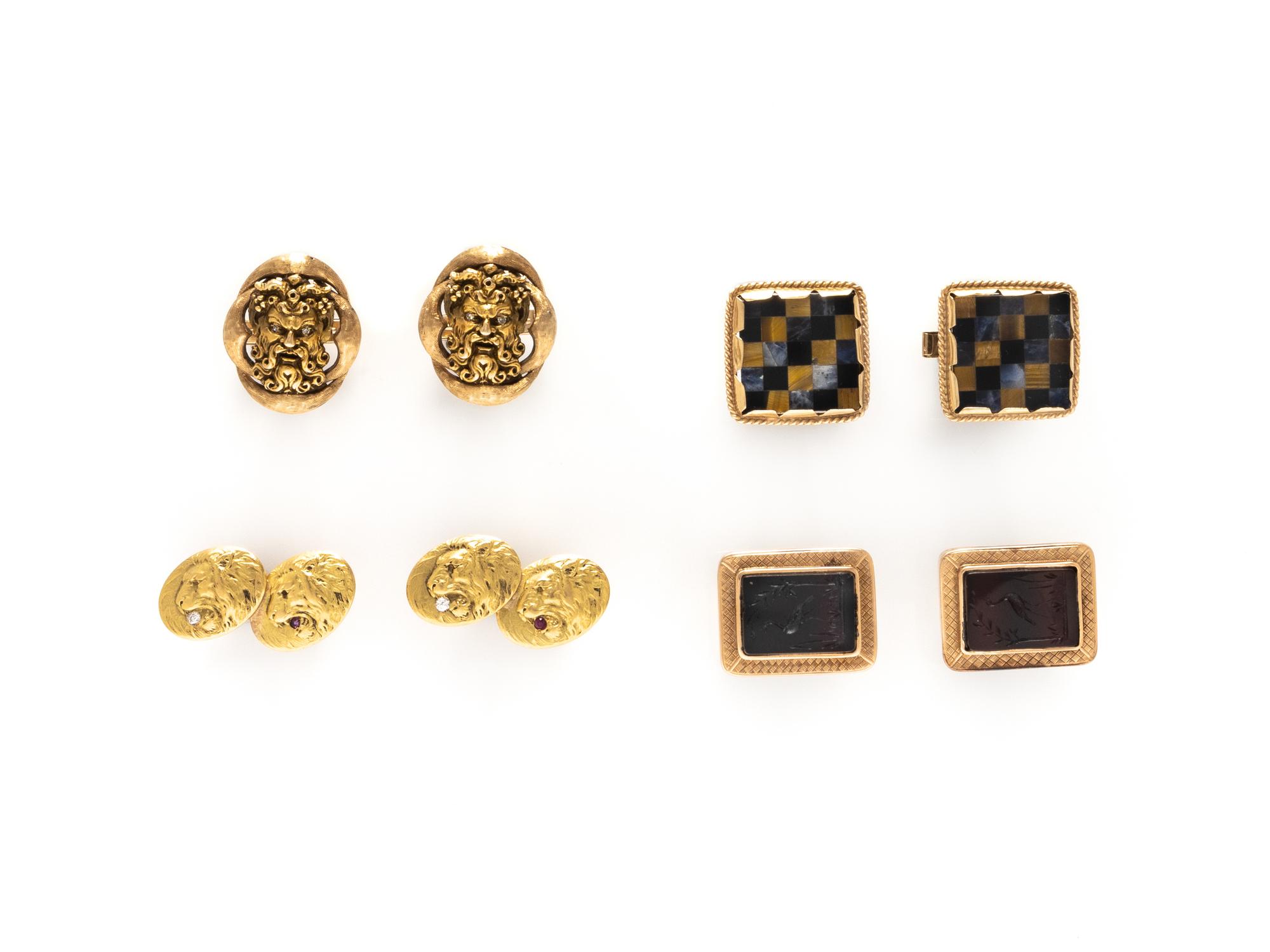 COLLECTION OF YELLOW GOLD AND GEMSTONE CUFFLINKS