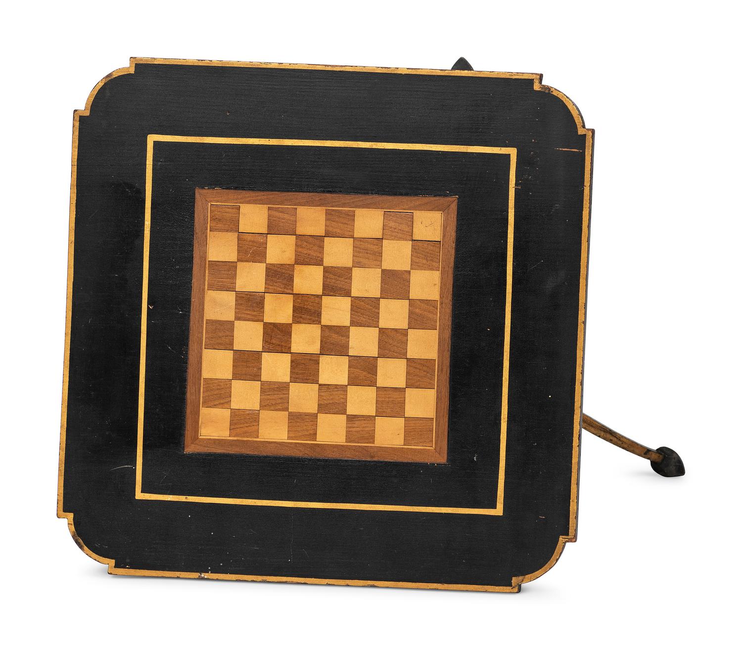 A Federal Style Turned, Painted and Inlaid Wood, Wrought-Iron Mounted Checkerboard-Top Candlestand