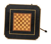 A Federal Style Turned, Painted and Inlaid Wood, Wrought-Iron Mounted Checkerboard-Top Candlestand