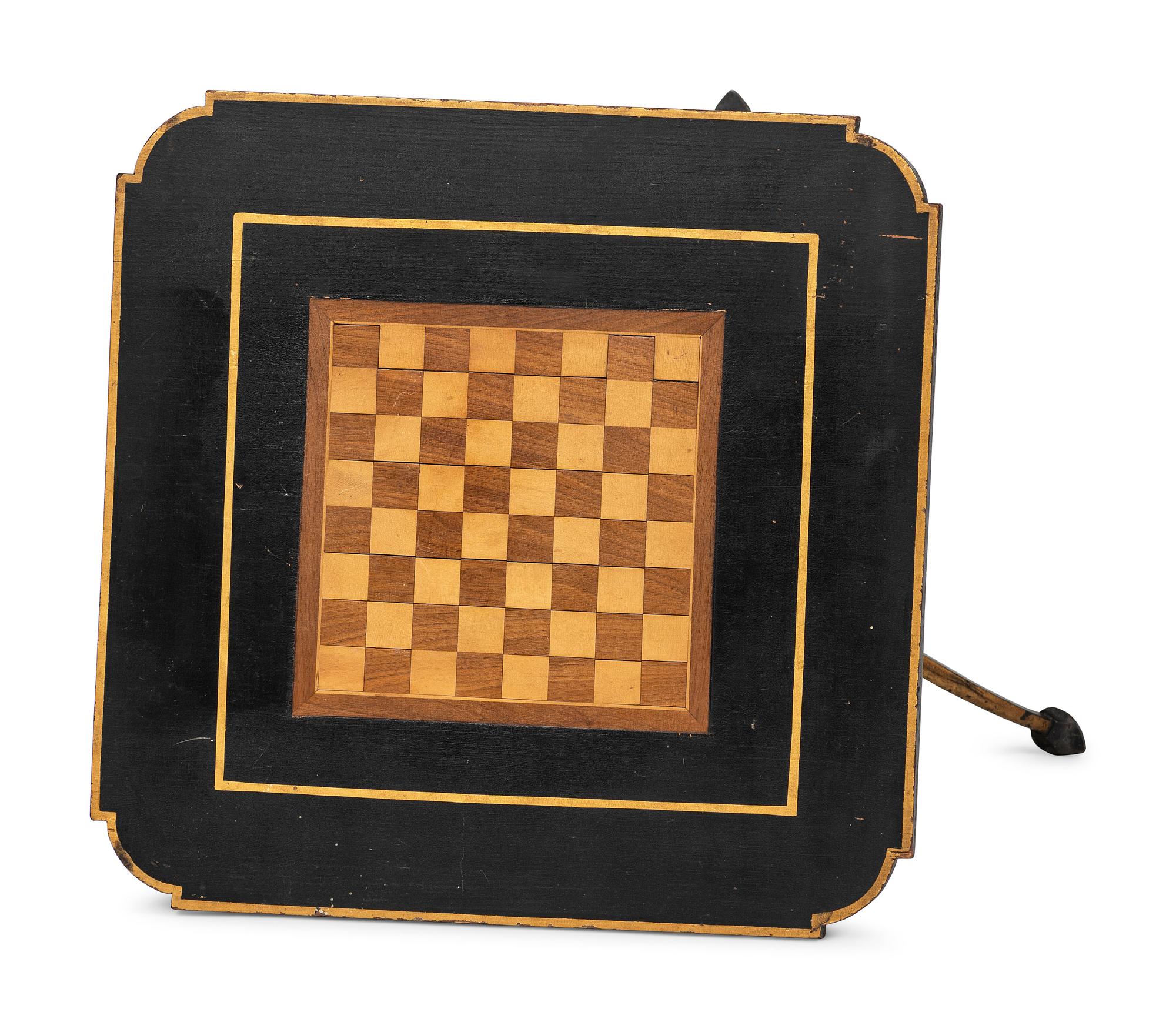 A Federal Style Turned, Painted and Inlaid Wood, Wrought-Iron Mounted Checkerboard-Top Candlestand