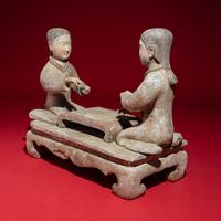 Two Chinese Painted Pottery Ladies Playing Liubo , Western Han Dynasty — 西漢 灰陶彩繪女對弈俑一組