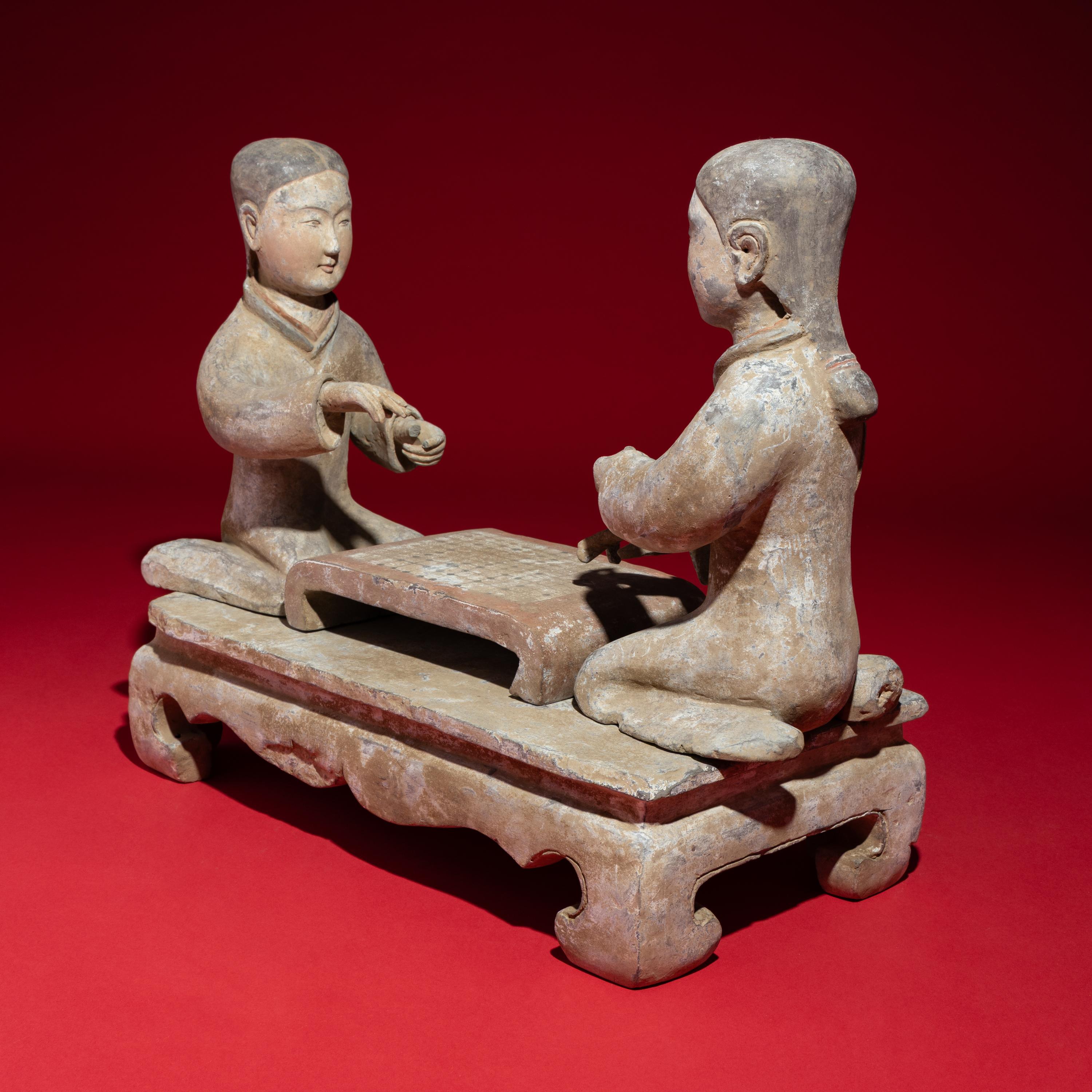 Two Chinese Painted Pottery Ladies Playing Liubo , Western Han Dynasty — 西漢 灰陶彩繪女對弈俑一組