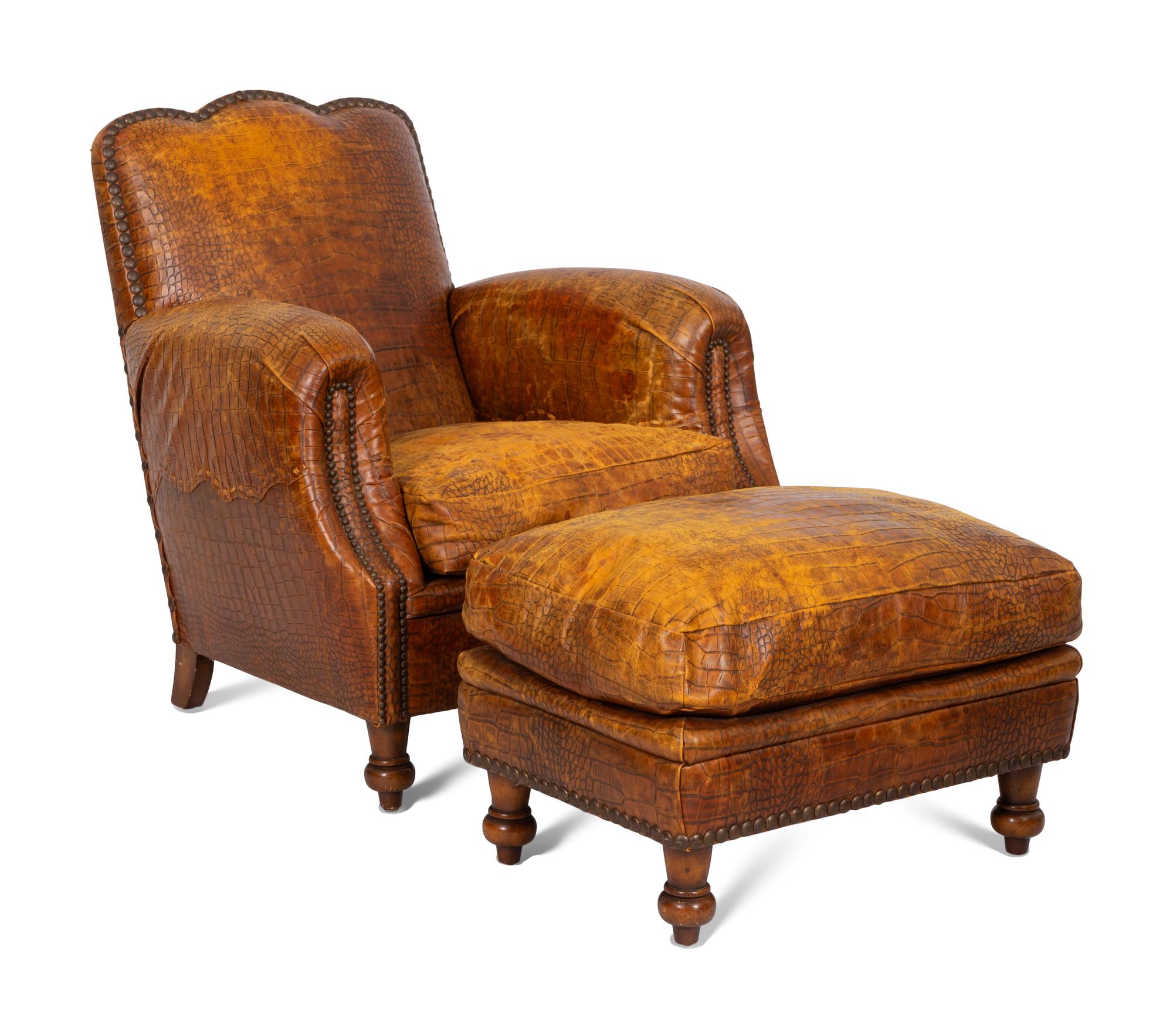 A Faux Crocodile-Embossed Leather Club Chair and Ottoman