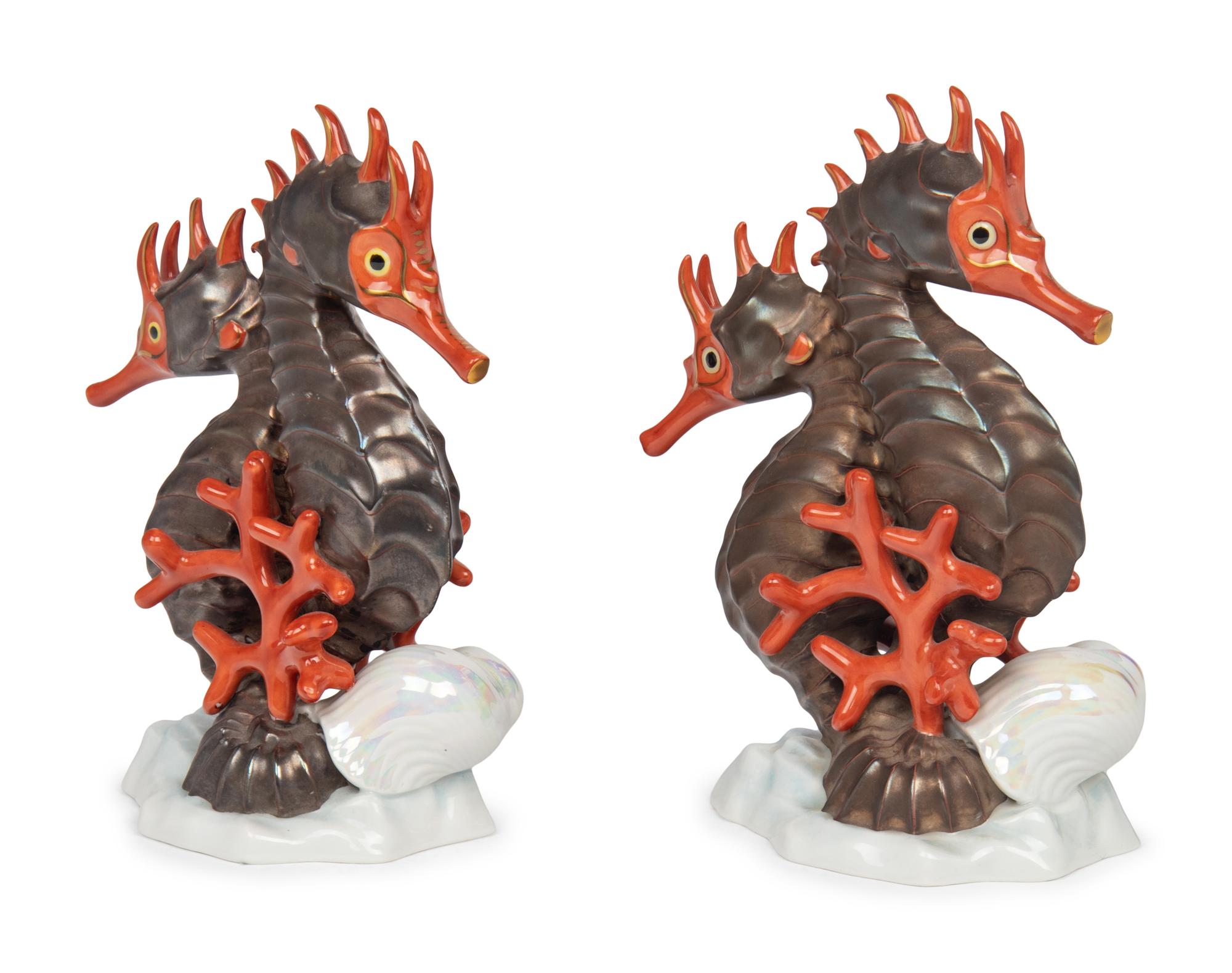 A Pair of Herend Porcelain Seahorse Groups