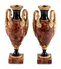 A Pair of Giltwood and Shell Veneered Urns