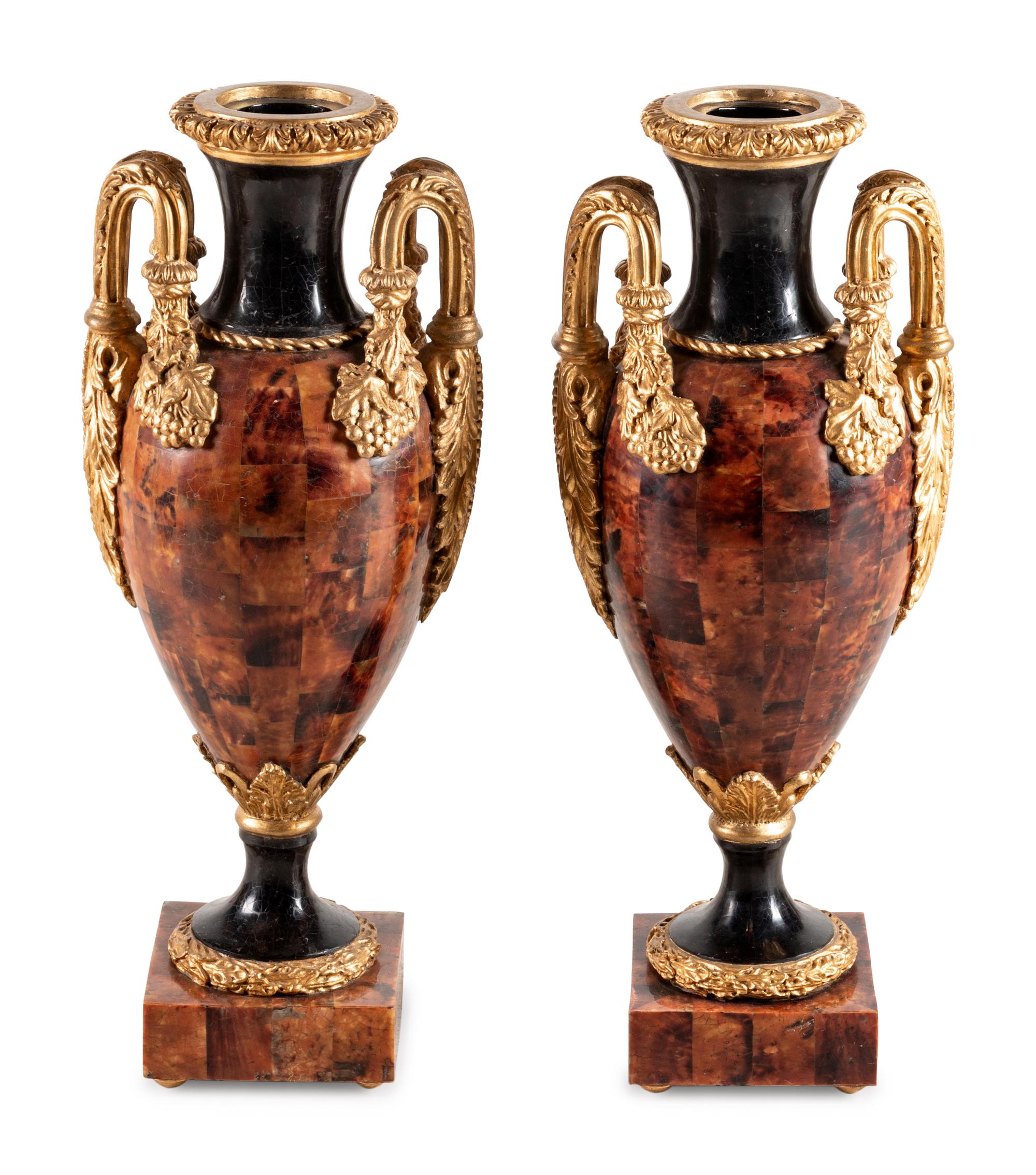 A Pair of Giltwood and Shell Veneered Urns