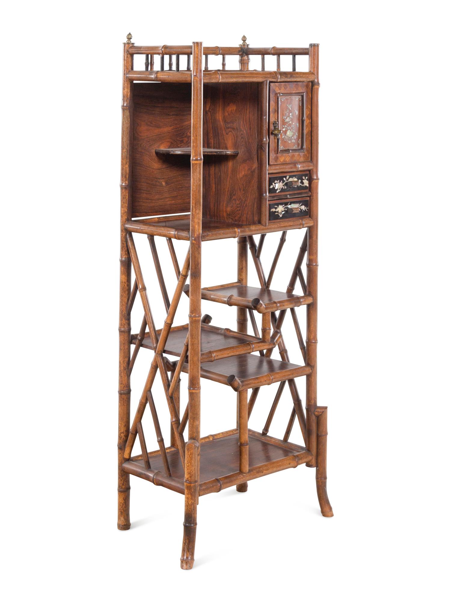 A French Mother-of-Pearl Inlaid Rosewood and Bamboo Japonisme Étagère