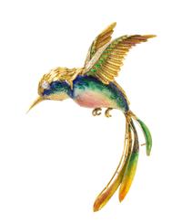 An 18 Karat Yellow Gold, Polychrome Enamel and Diamond Hummingbird Brooch, 19.40 dwts.