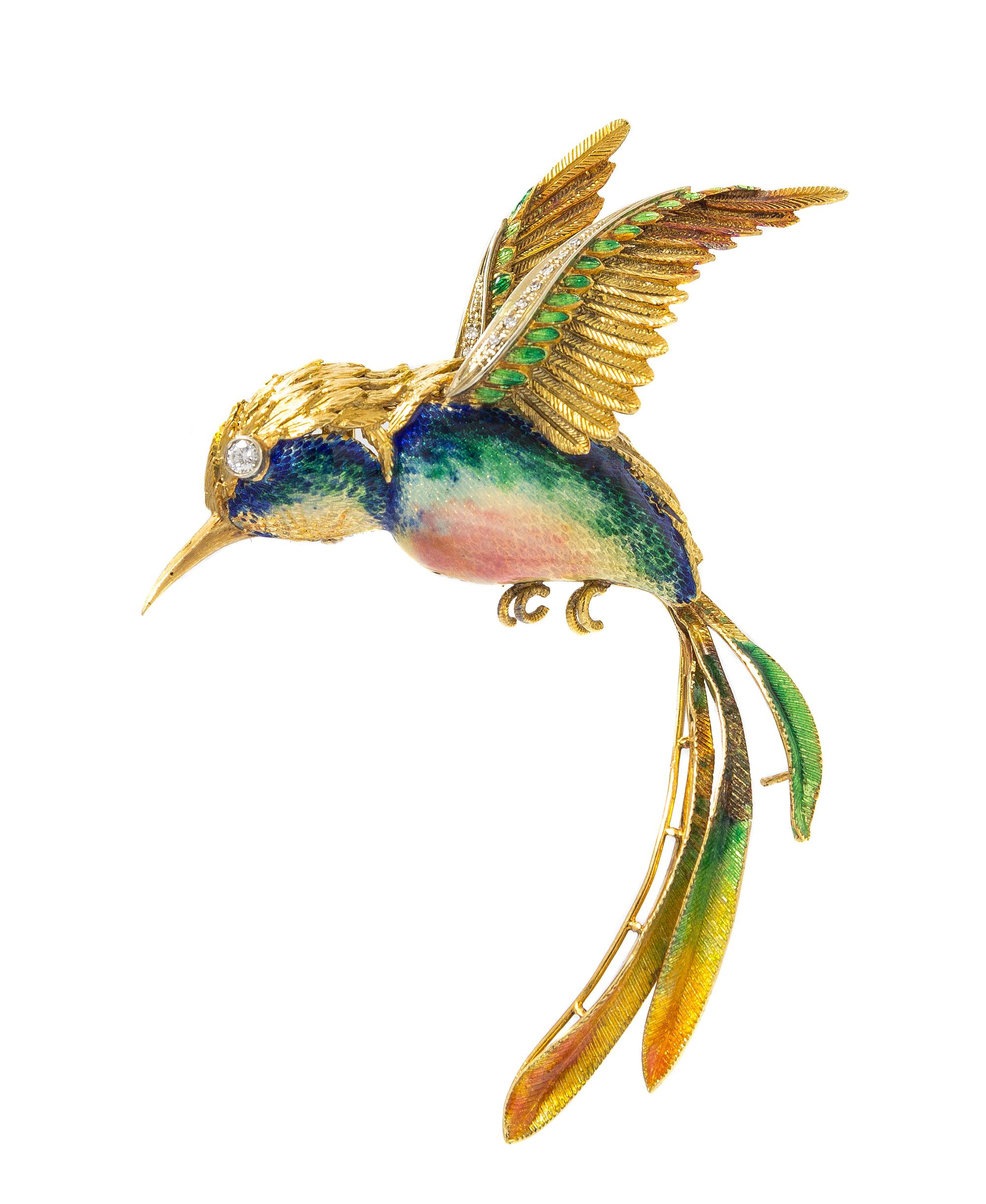 An 18 Karat Yellow Gold, Polychrome Enamel and Diamond Hummingbird Brooch, 19.40 dwts.