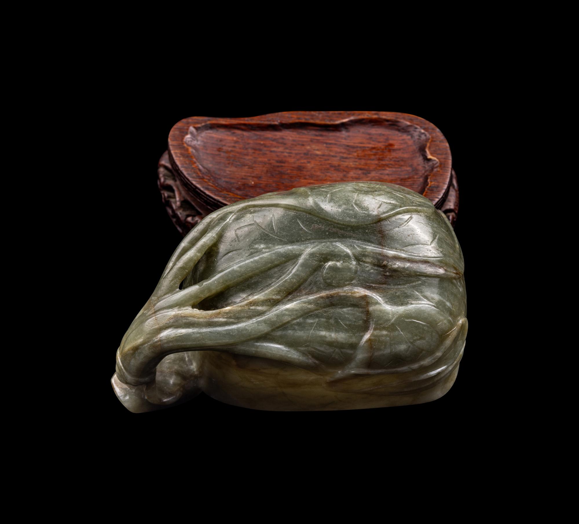 A Chinese Greyish Celadon Jade Water Coupe And A White Jade Cover