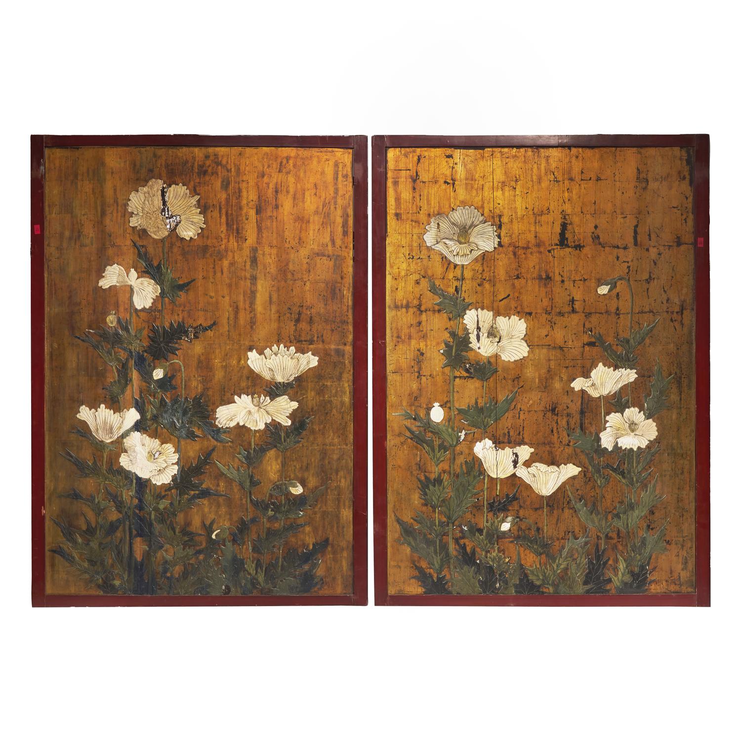 A Large Pair of Japanese Gold-Ground 'Poppies' Panels, Edo Period