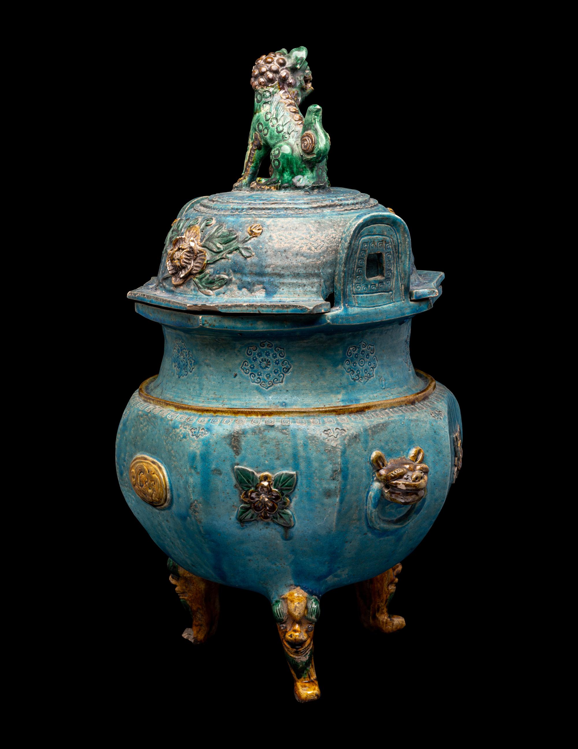 A Chinese Fahua Porcelain Incense Burner and Cover