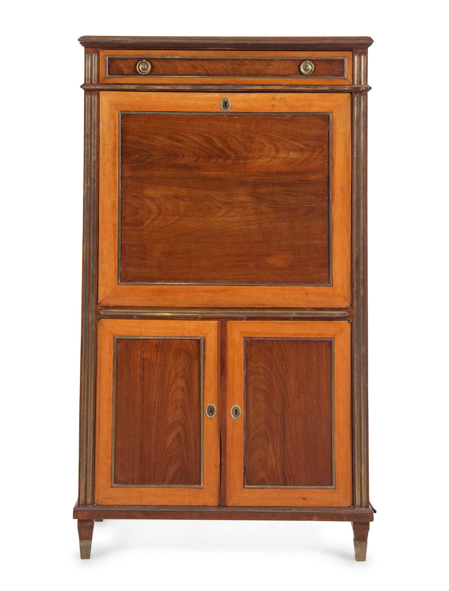 A Baltic Neoclassical Brass Inlaid Mahogany and Satinwood Fall-Front Secretary