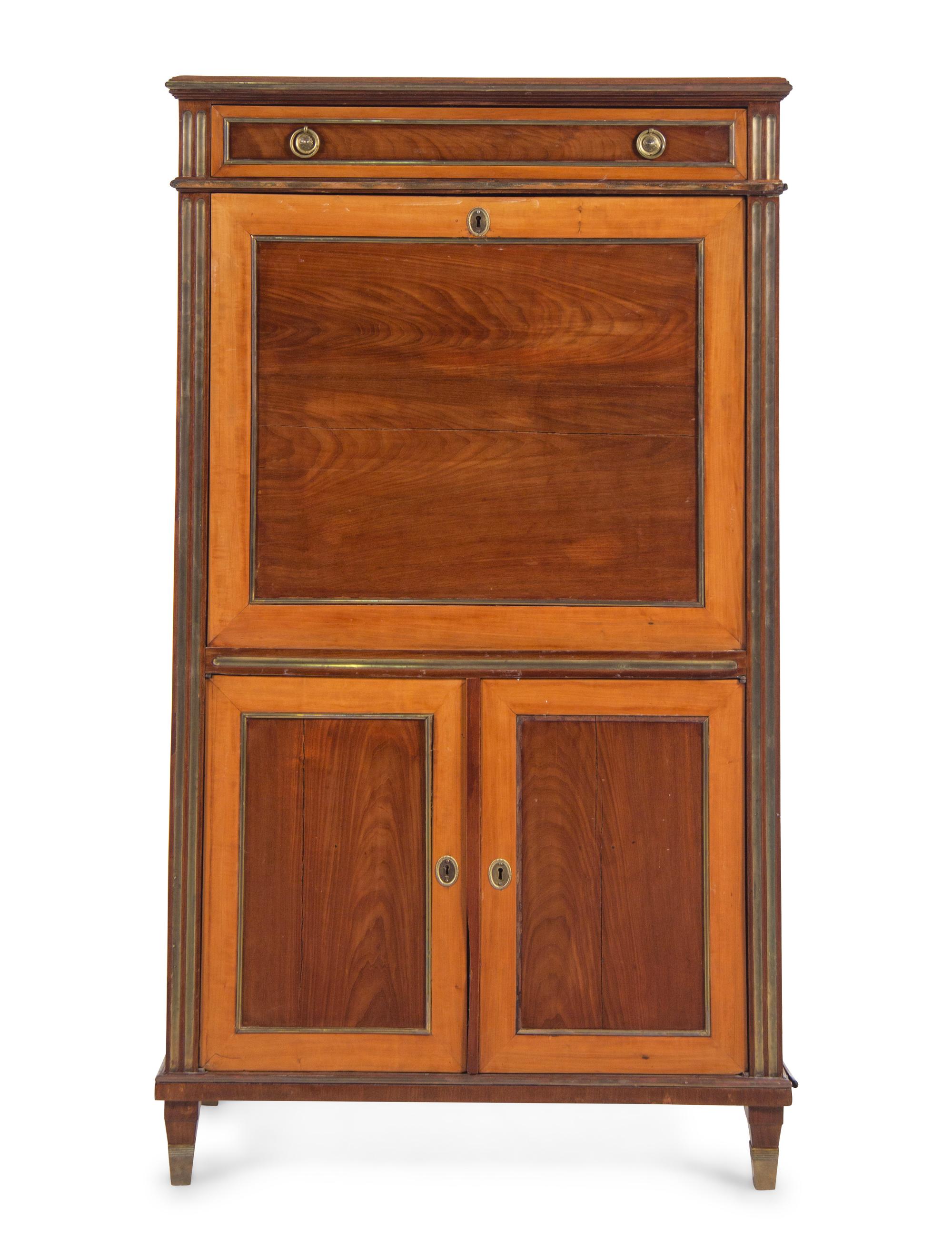 A Baltic Neoclassical Brass Inlaid Mahogany and Satinwood Fall-Front Secretary