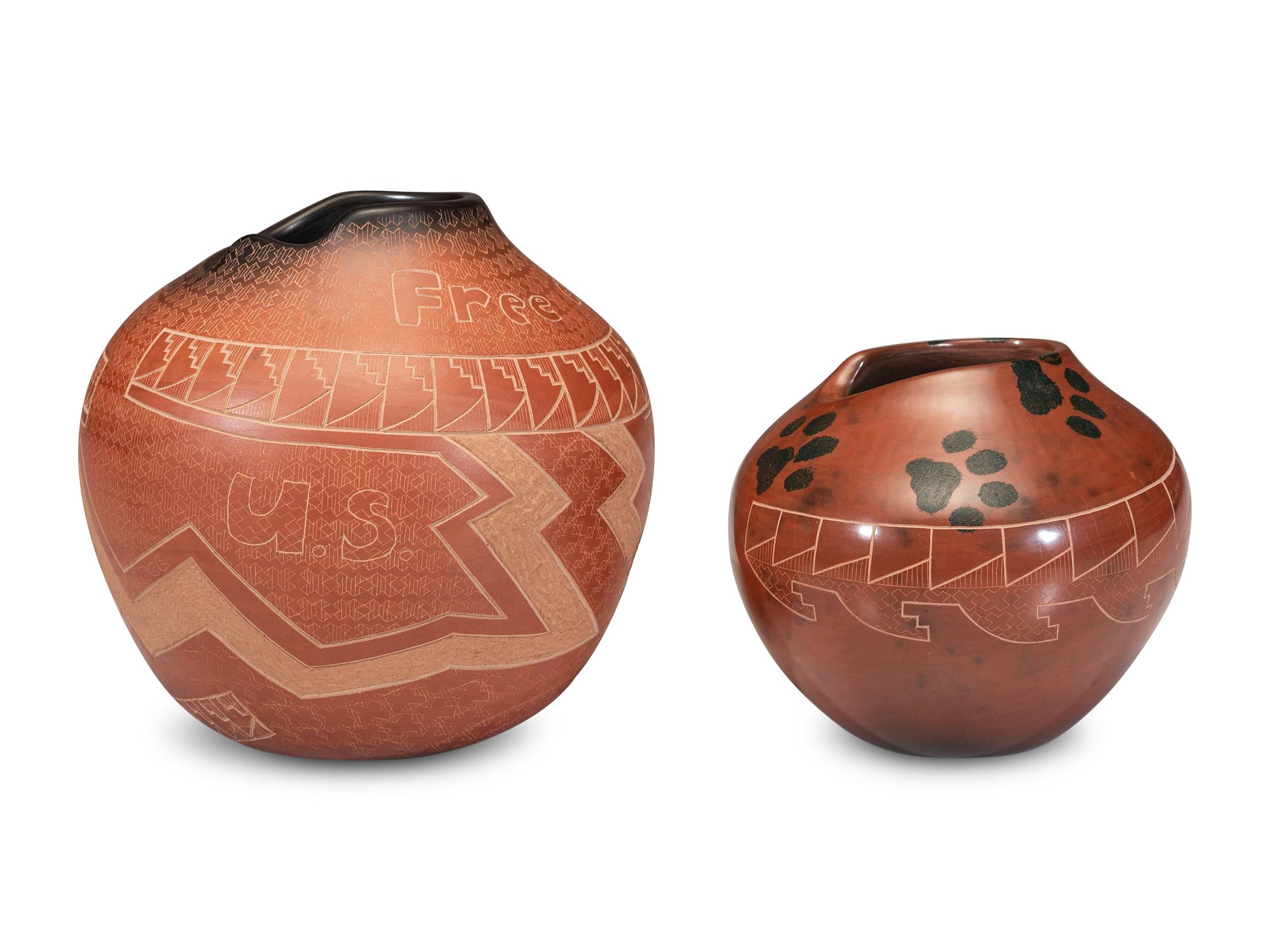 Pair of Redware Sgraffito Pottery Jars