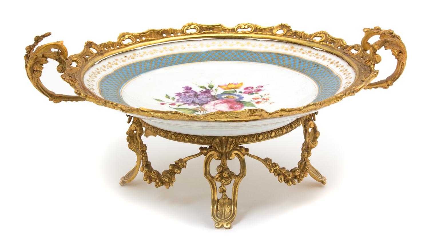 A Gilt Bronze Mounted Paris Porcelain Compote Height 5 3/4 x length over handles 13 1/4 inches. — LATE 19TH CENTURY