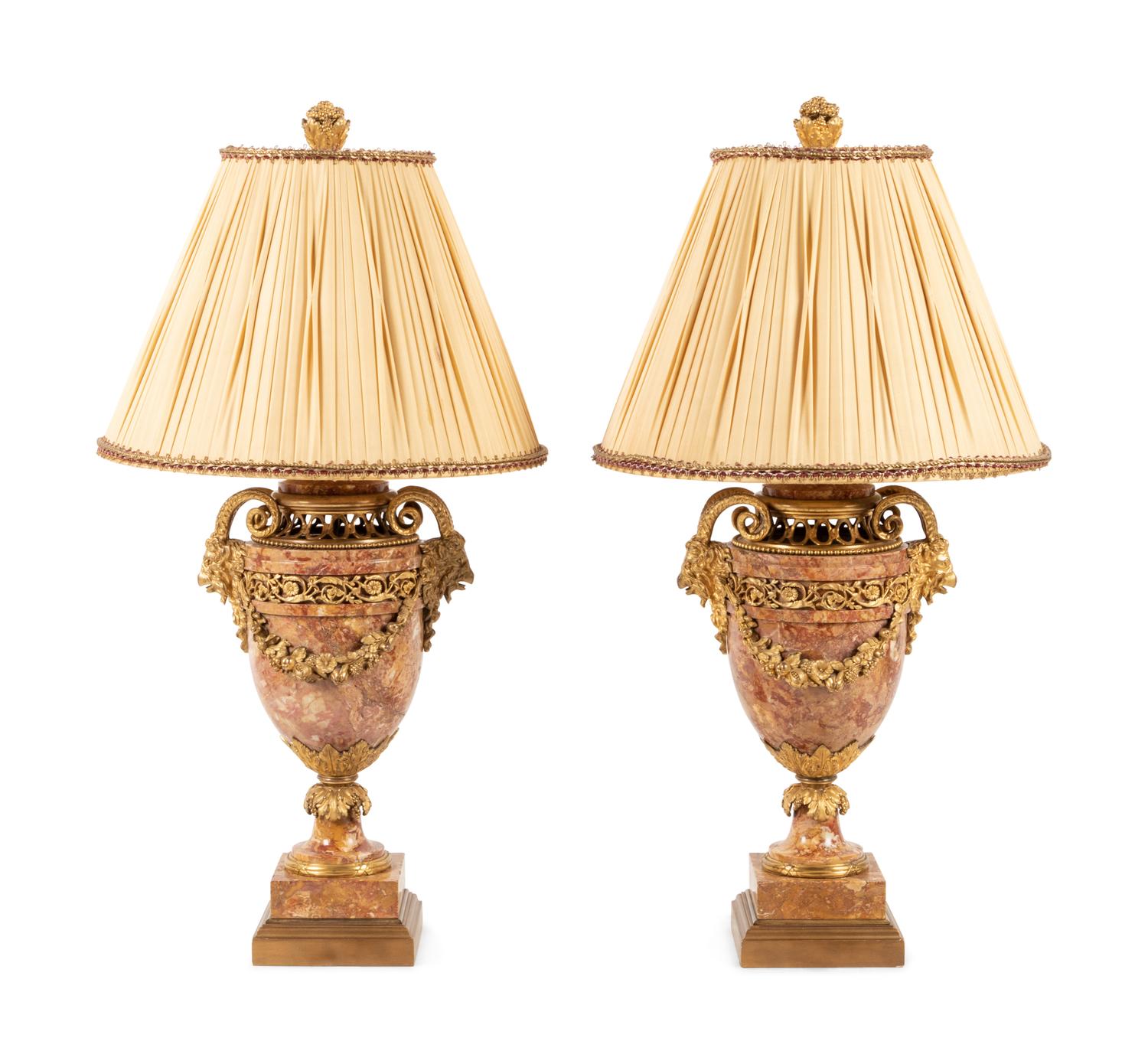 A Pair of Louis XVI Style Gilt Bronze and Marble Urns Mounted as Lamps