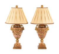 A Pair of Louis XVI Style Gilt Bronze and Marble Urns Mounted as Lamps