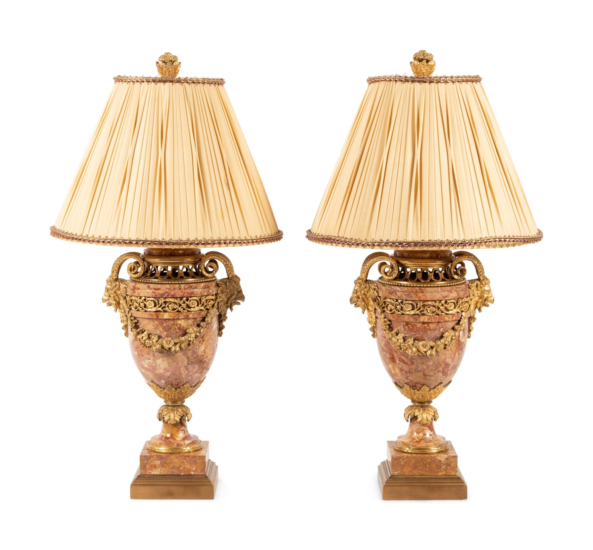 A Pair of Louis XVI Style Gilt Bronze and Marble Urns Mounted as Lamps
