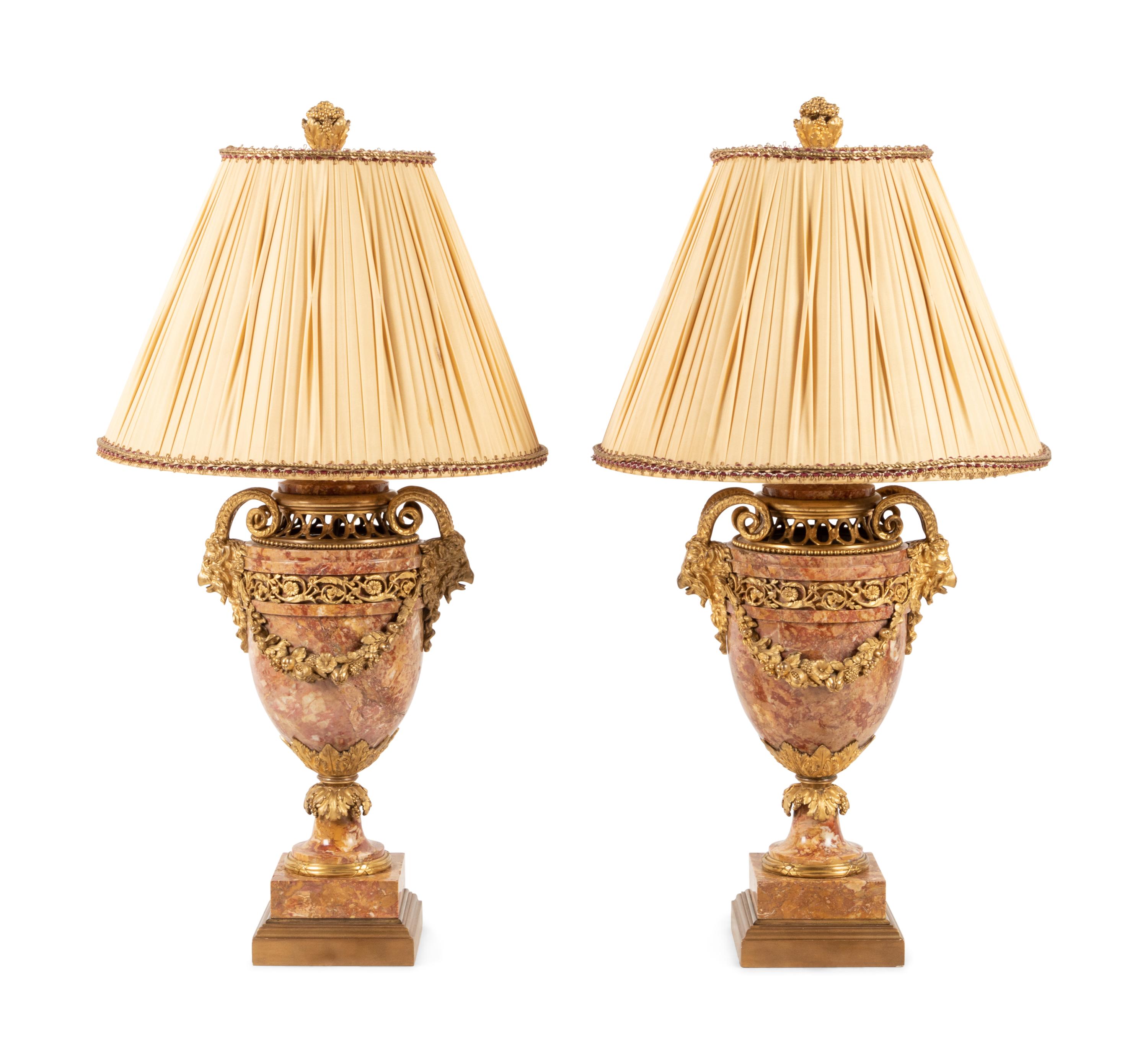 A Pair of Louis XVI Style Gilt Bronze and Marble Urns Mounted as Lamps